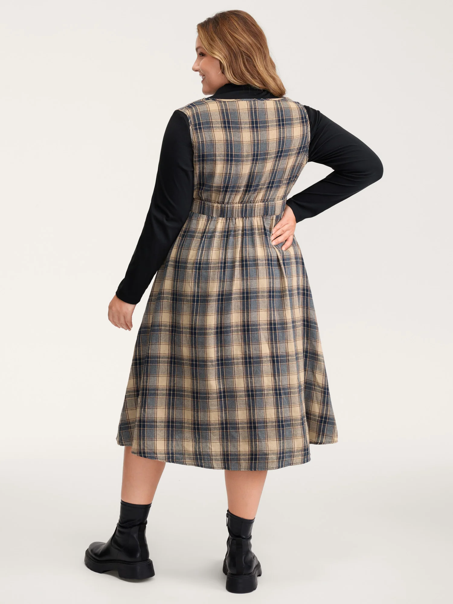 Plaid Pattern Deep V-Neckline Midi Dress - Image 4
