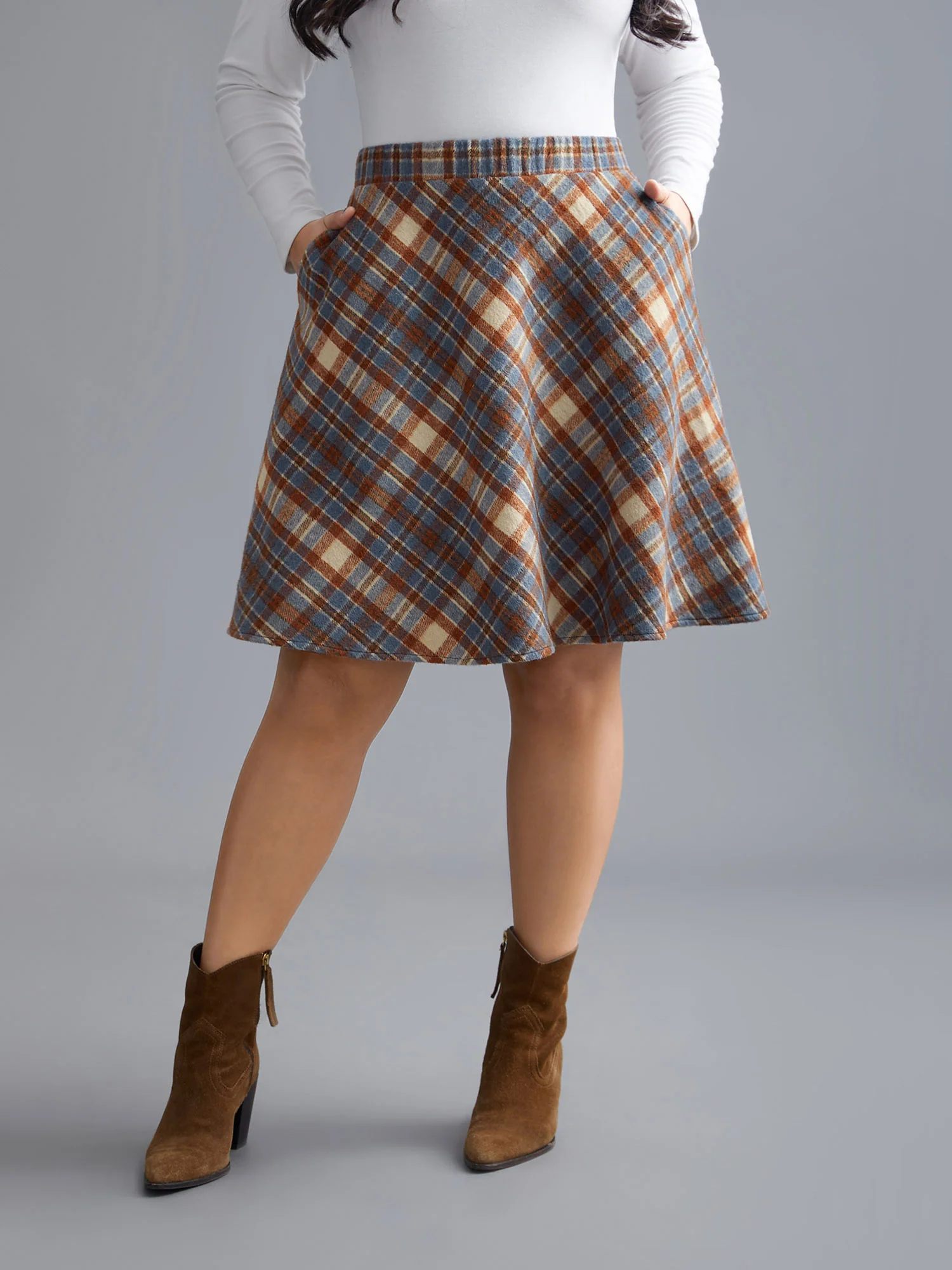 Plaid Pattern Elastic Waist A-line Mini Skirt - Image 13