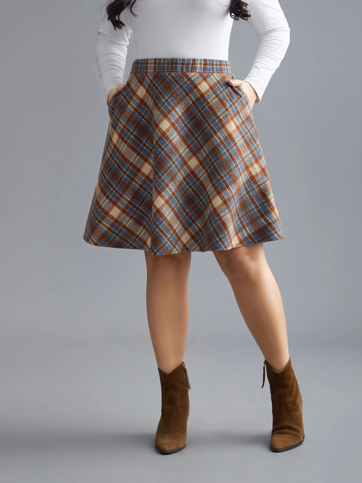 Plaid Pattern Elastic Waist A-line Mini Skirt - Image 14