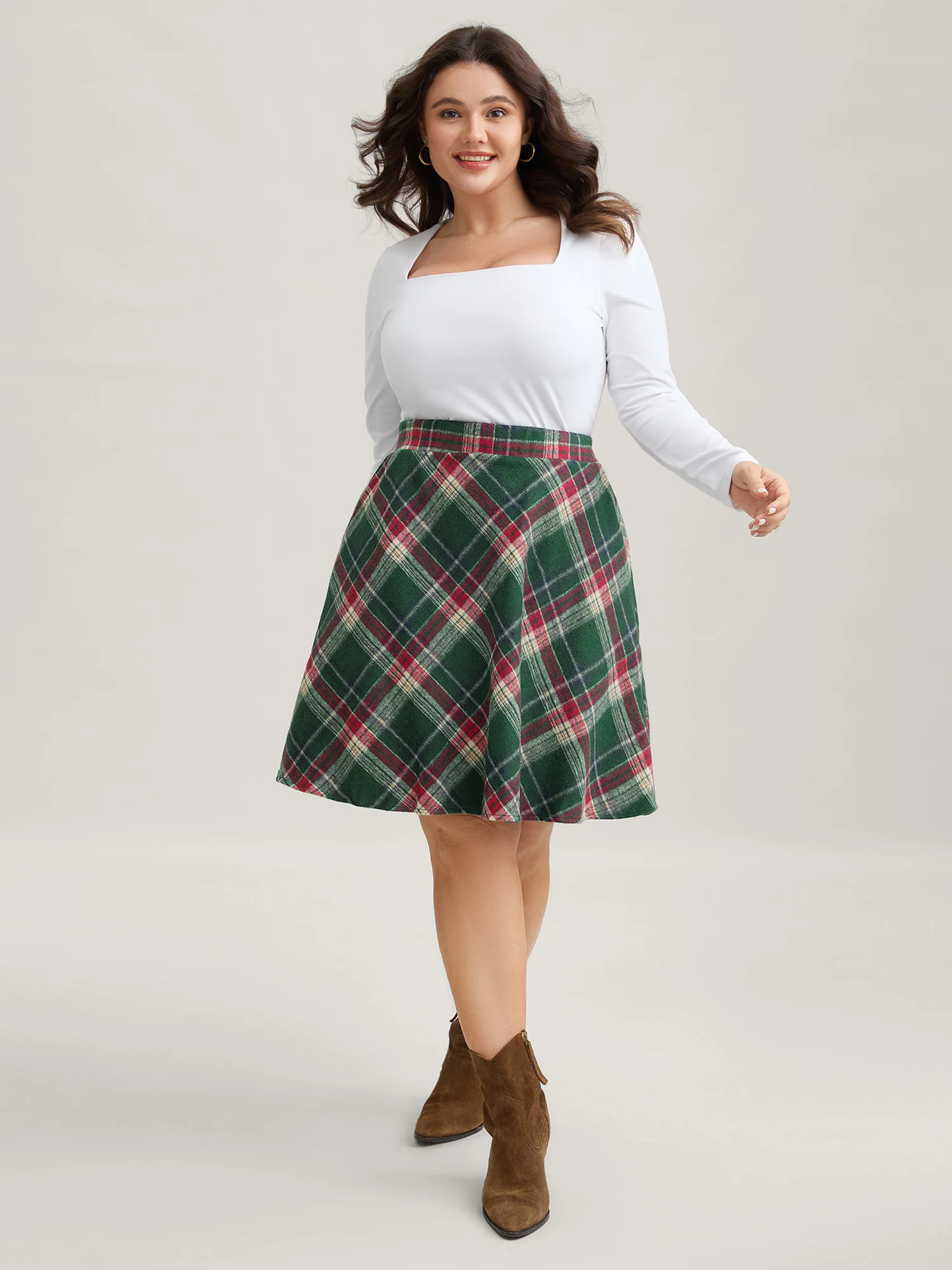Plaid Pattern Elastic Waist A-line Mini Skirt - Image 2