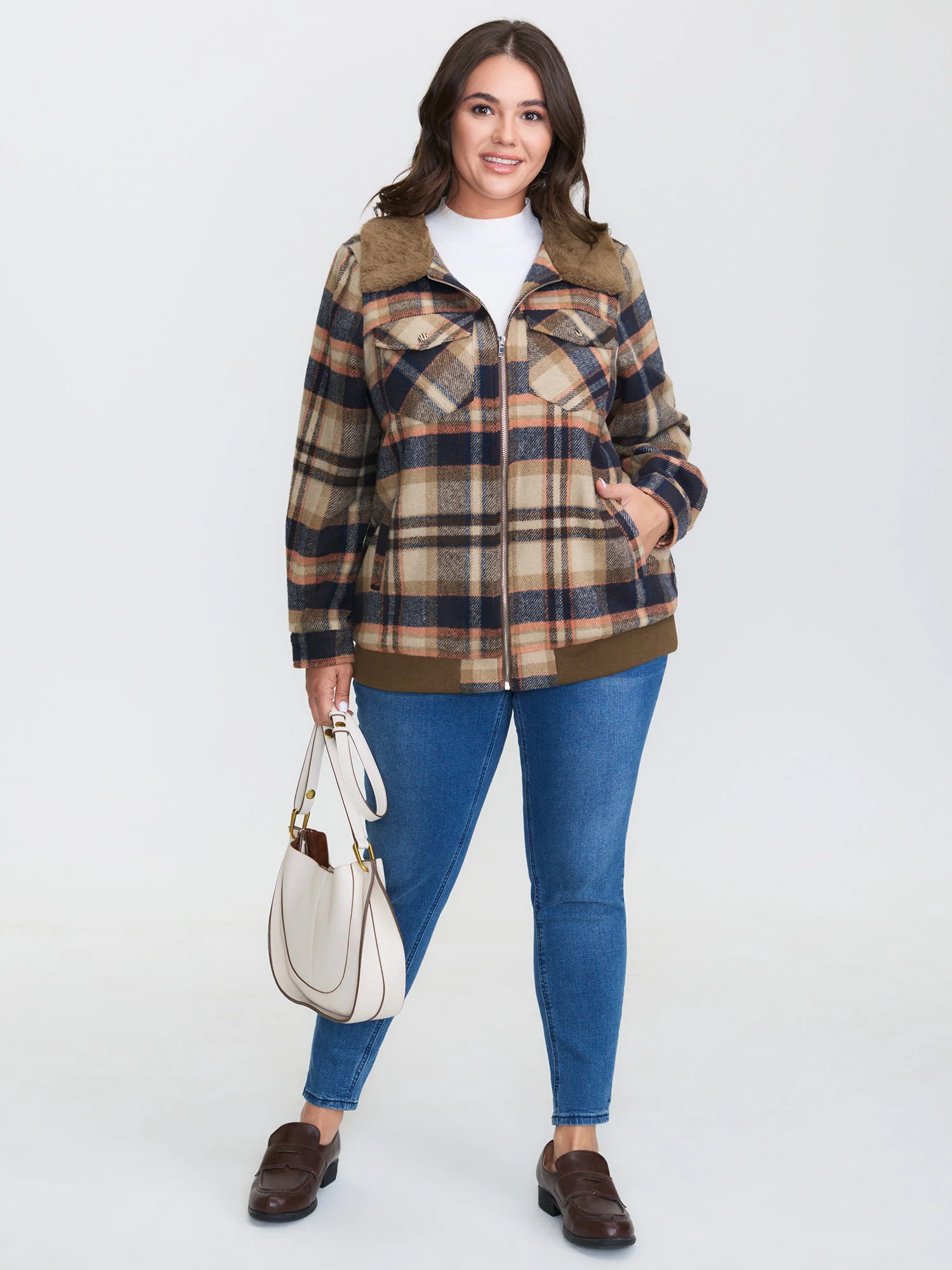 Plaid Pattern Fuzzy Collar Zipper Jacket - Image 3