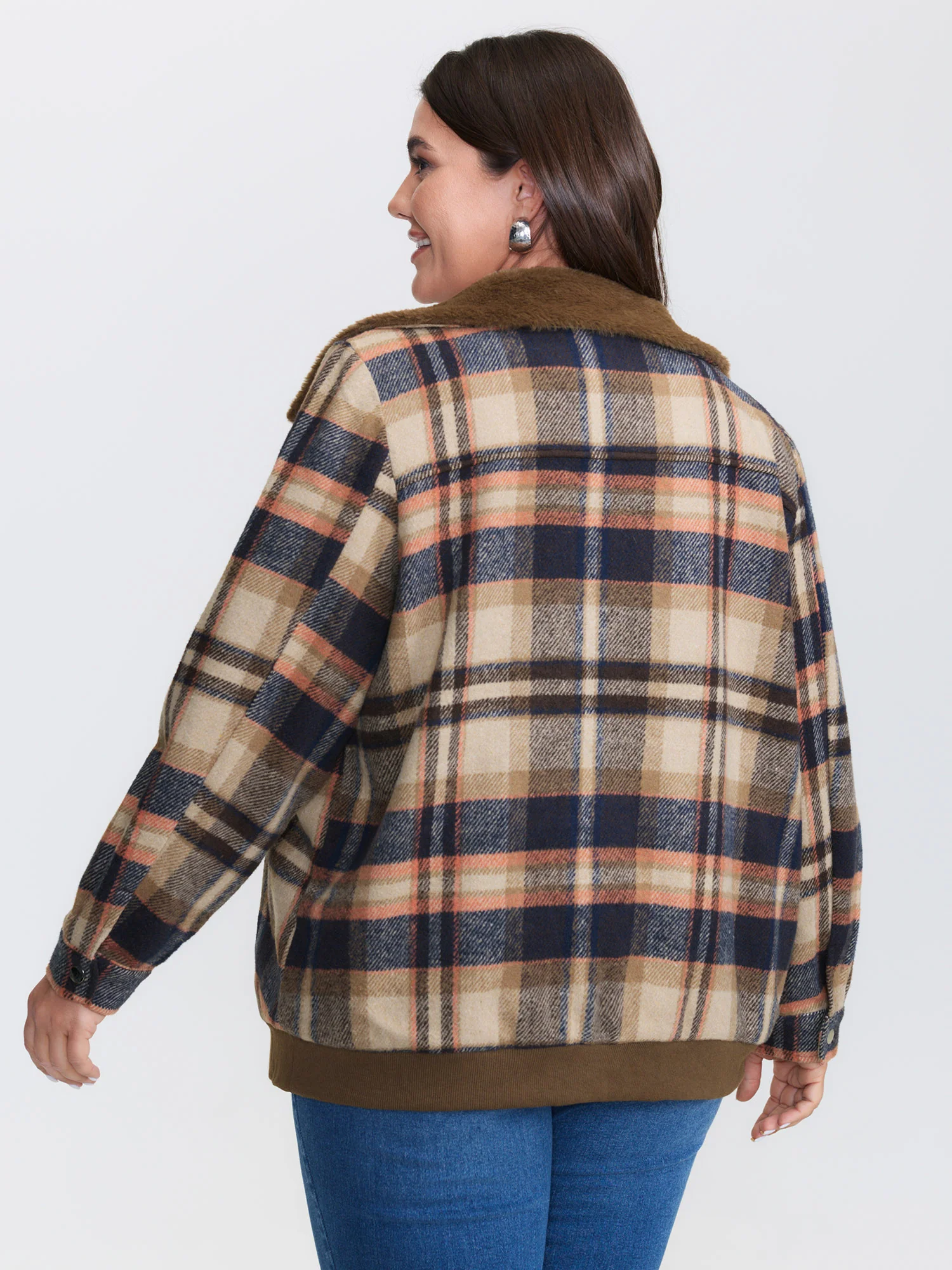 Plaid Pattern Fuzzy Collar Zipper Jacket - Image 5