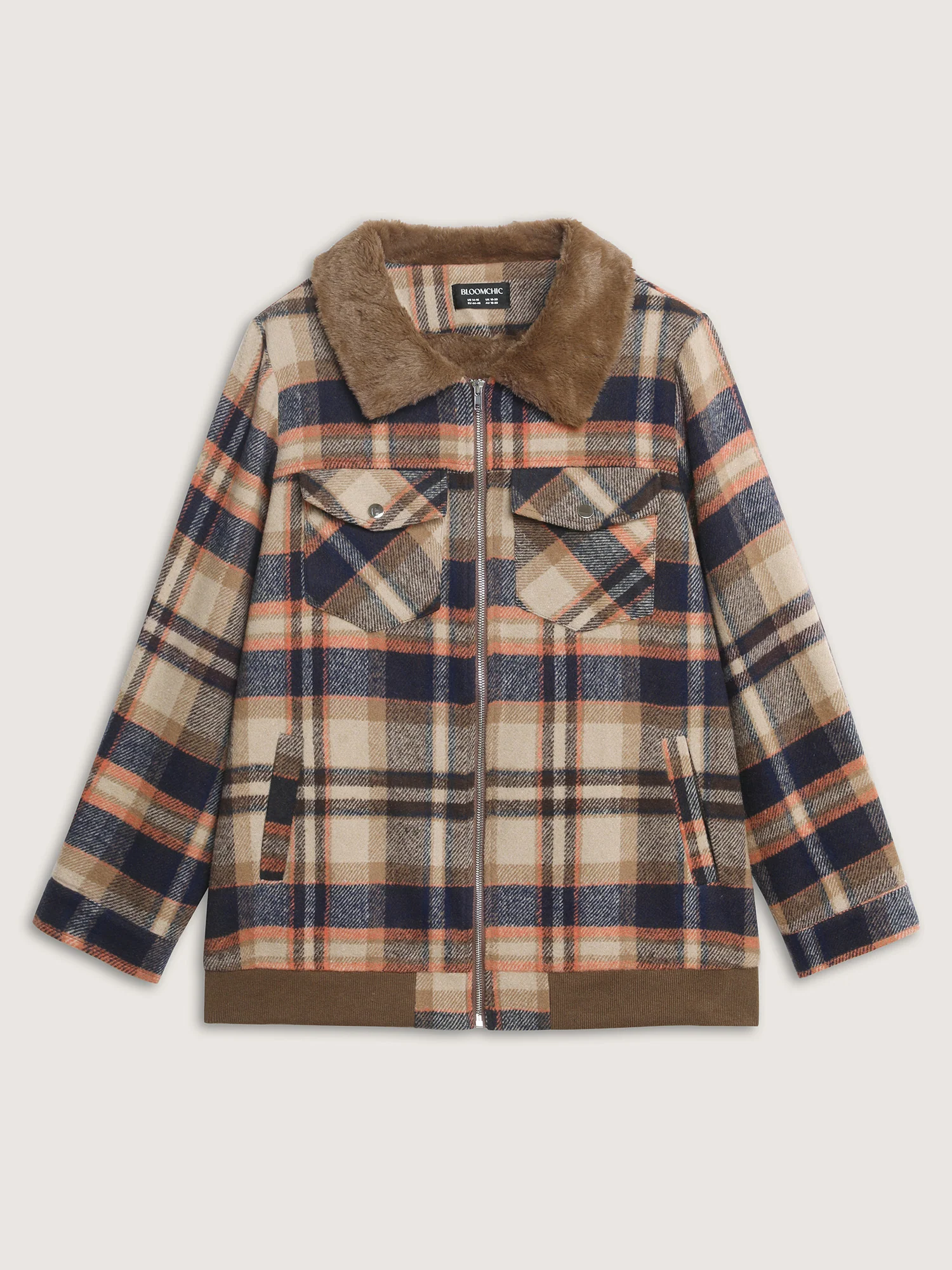 Plaid Pattern Fuzzy Collar Zipper Jacket - Image 9