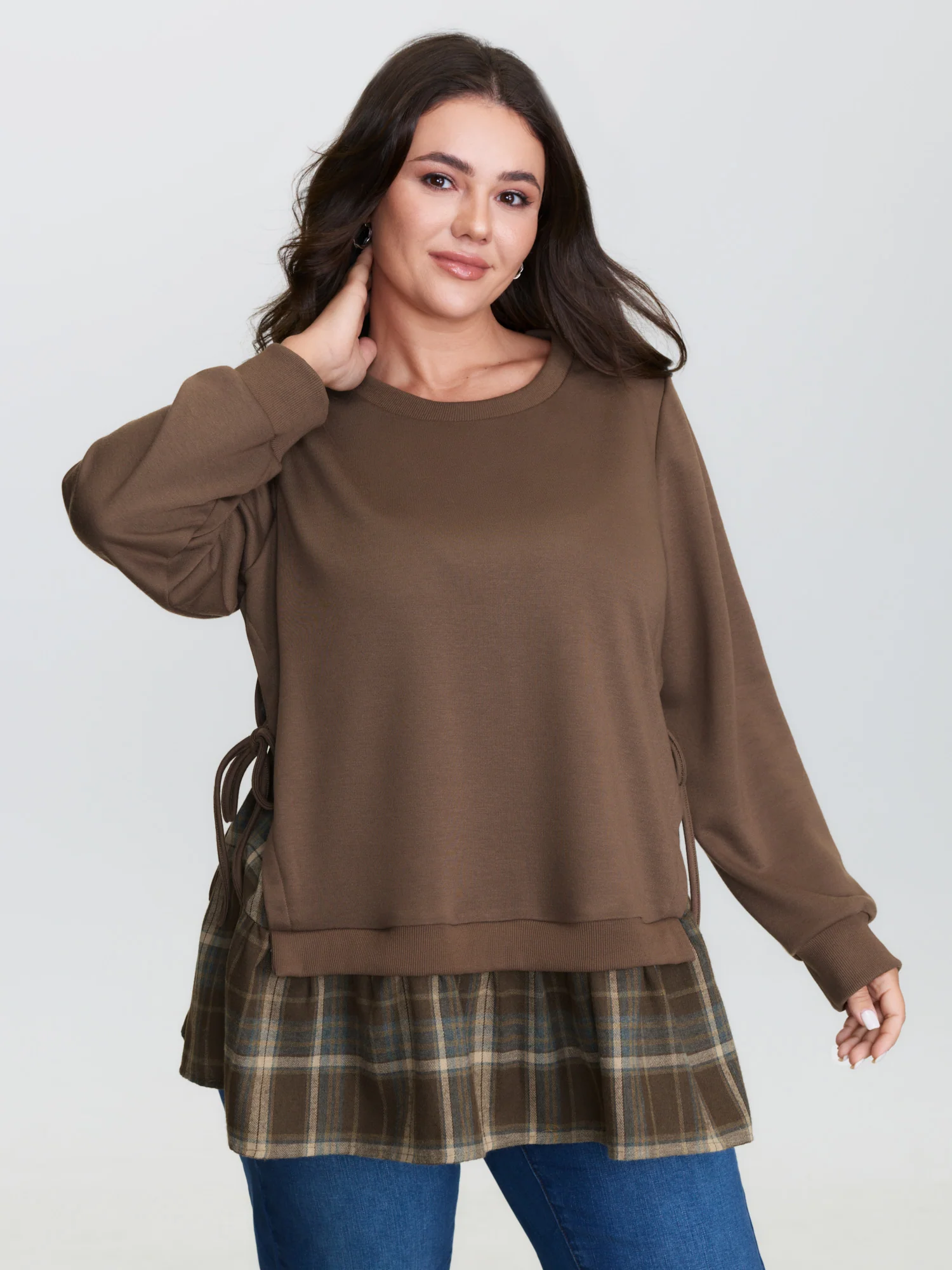 Plaid Pattern Layered Stretchy Sweatshirt - Image 18