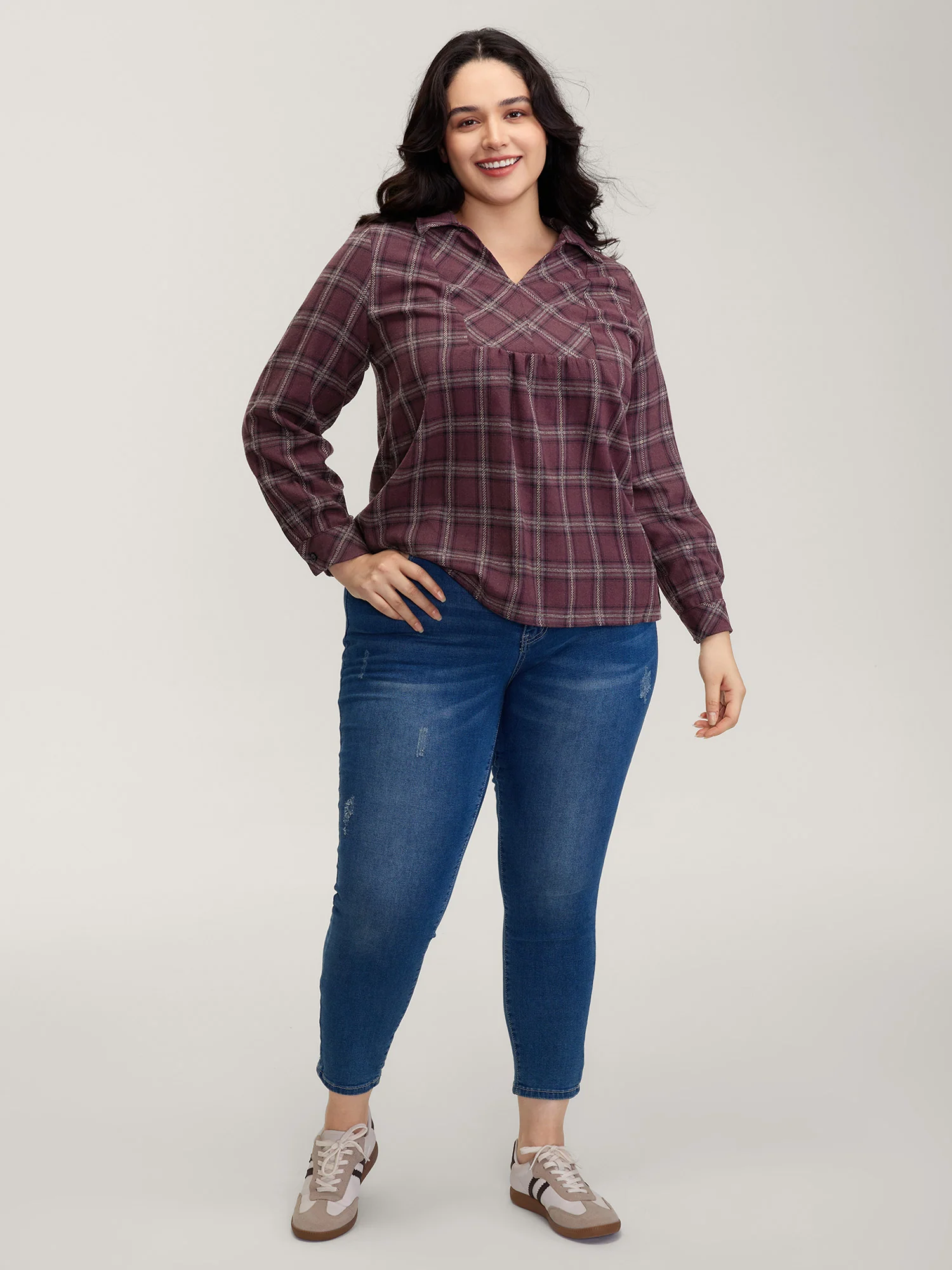Plaid Pattern Relaxed-Fit Collar Blouse - Image 3