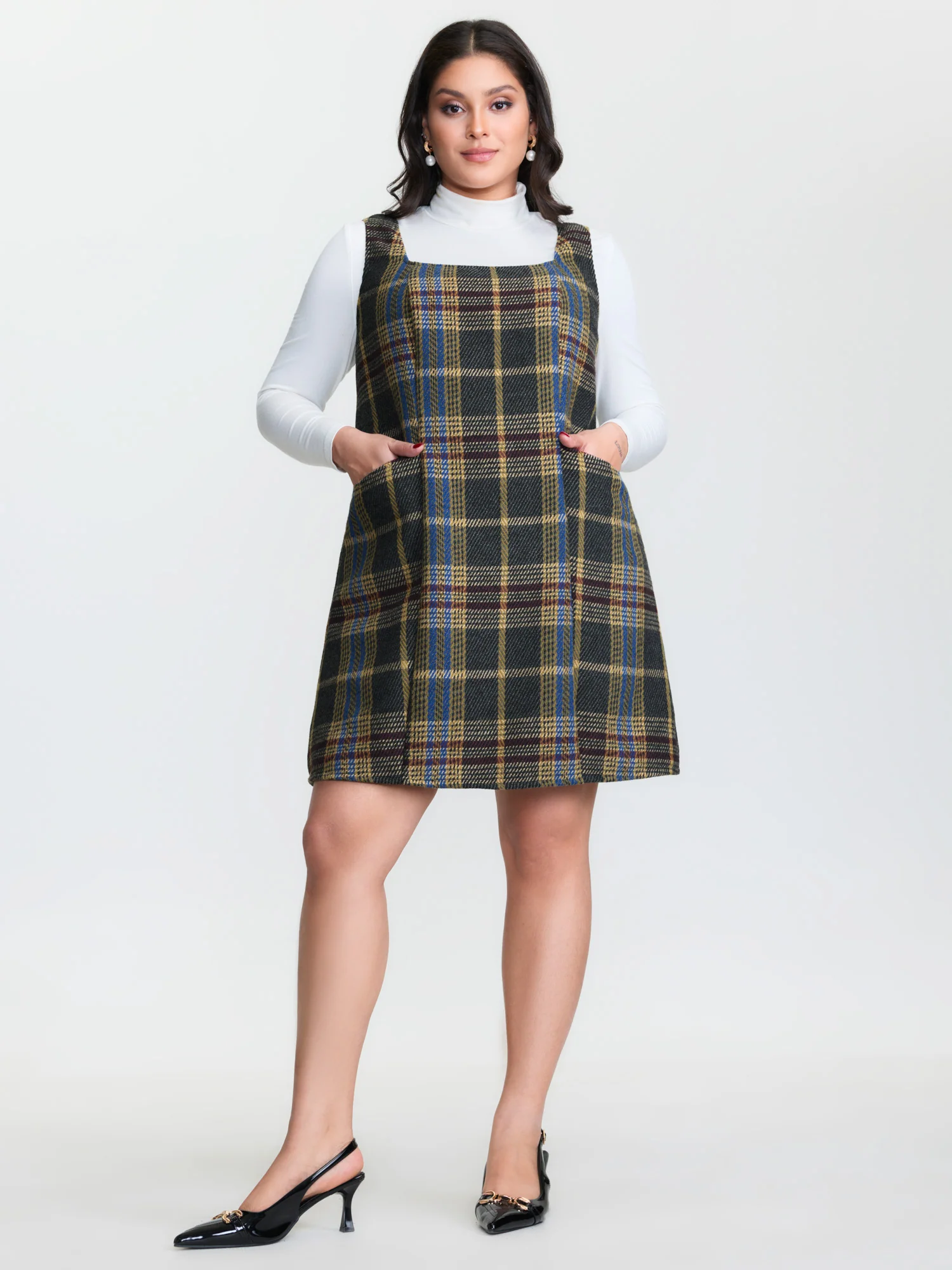 Plaid Pattern Slant Pockets Knee Dress - Image 10