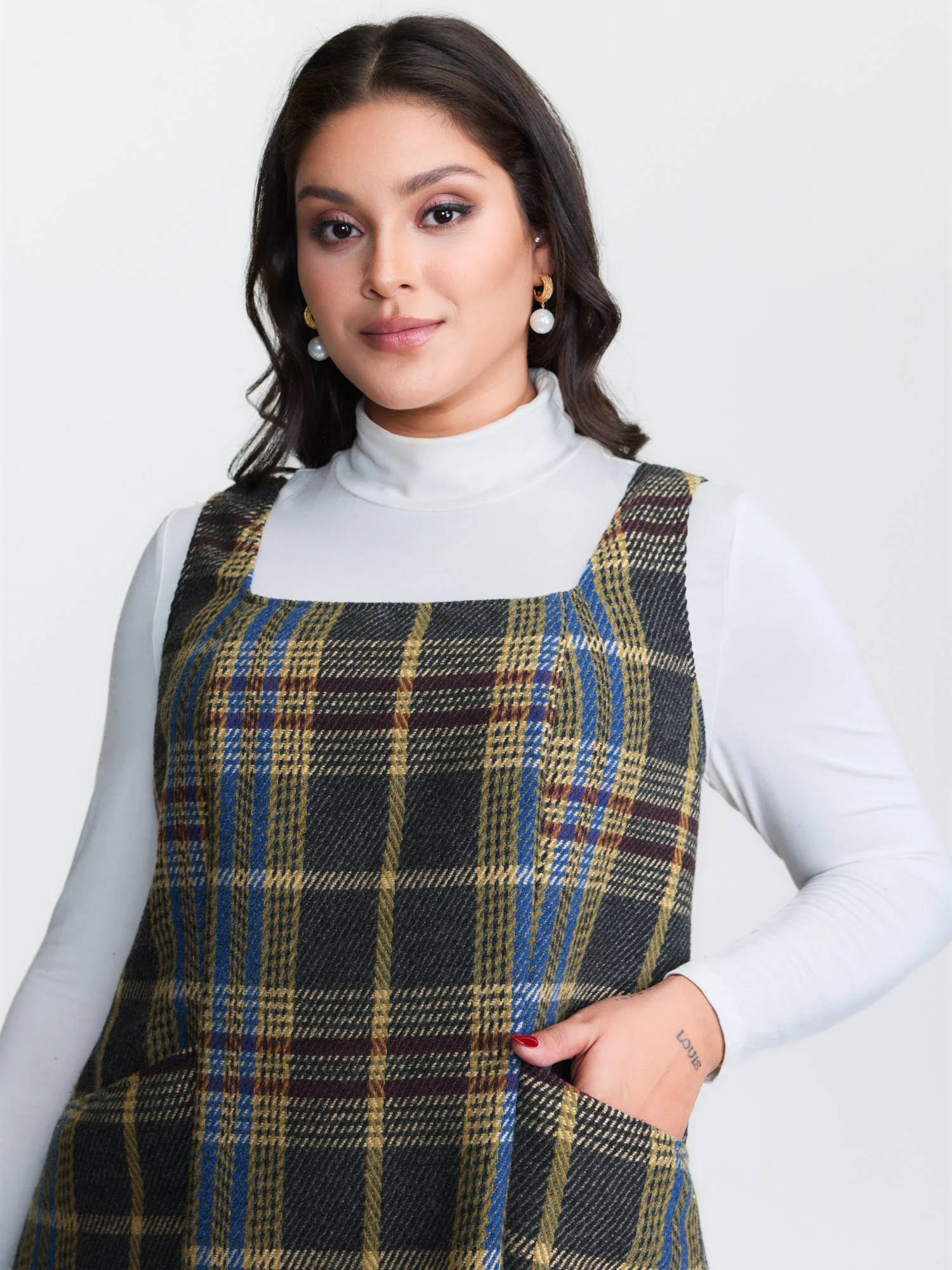Plaid Pattern Slant Pockets Knee Dress - Image 11
