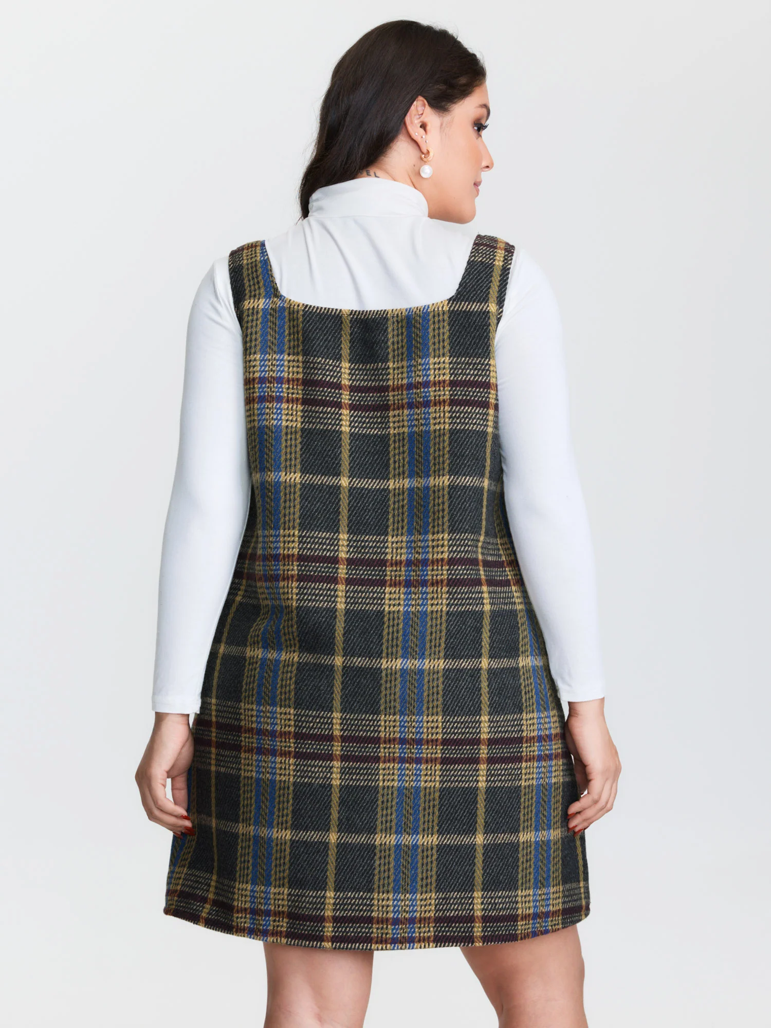 Plaid Pattern Slant Pockets Knee Dress - Image 13