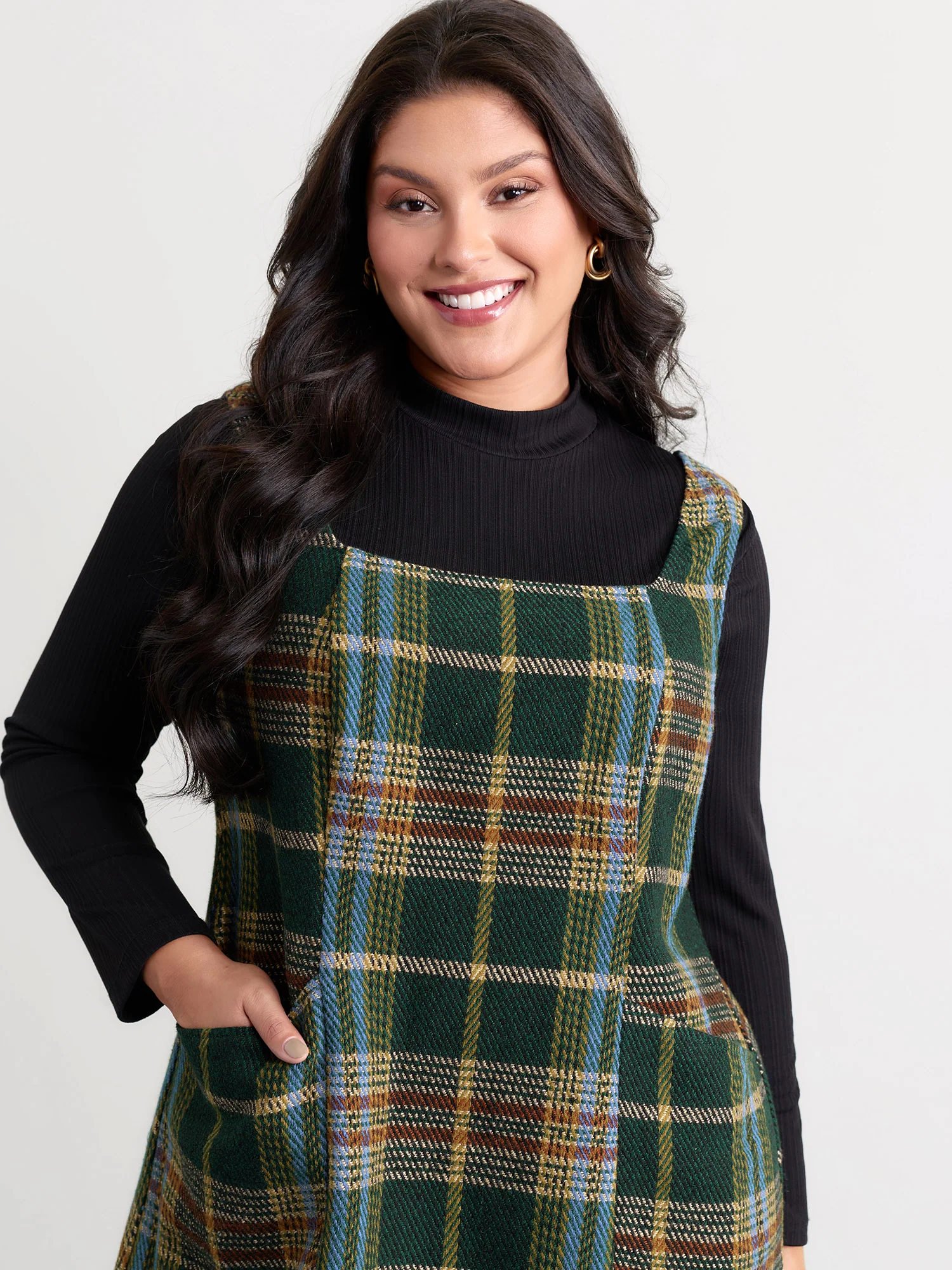 Plaid Pattern Slant Pockets Knee Dress - Image 2