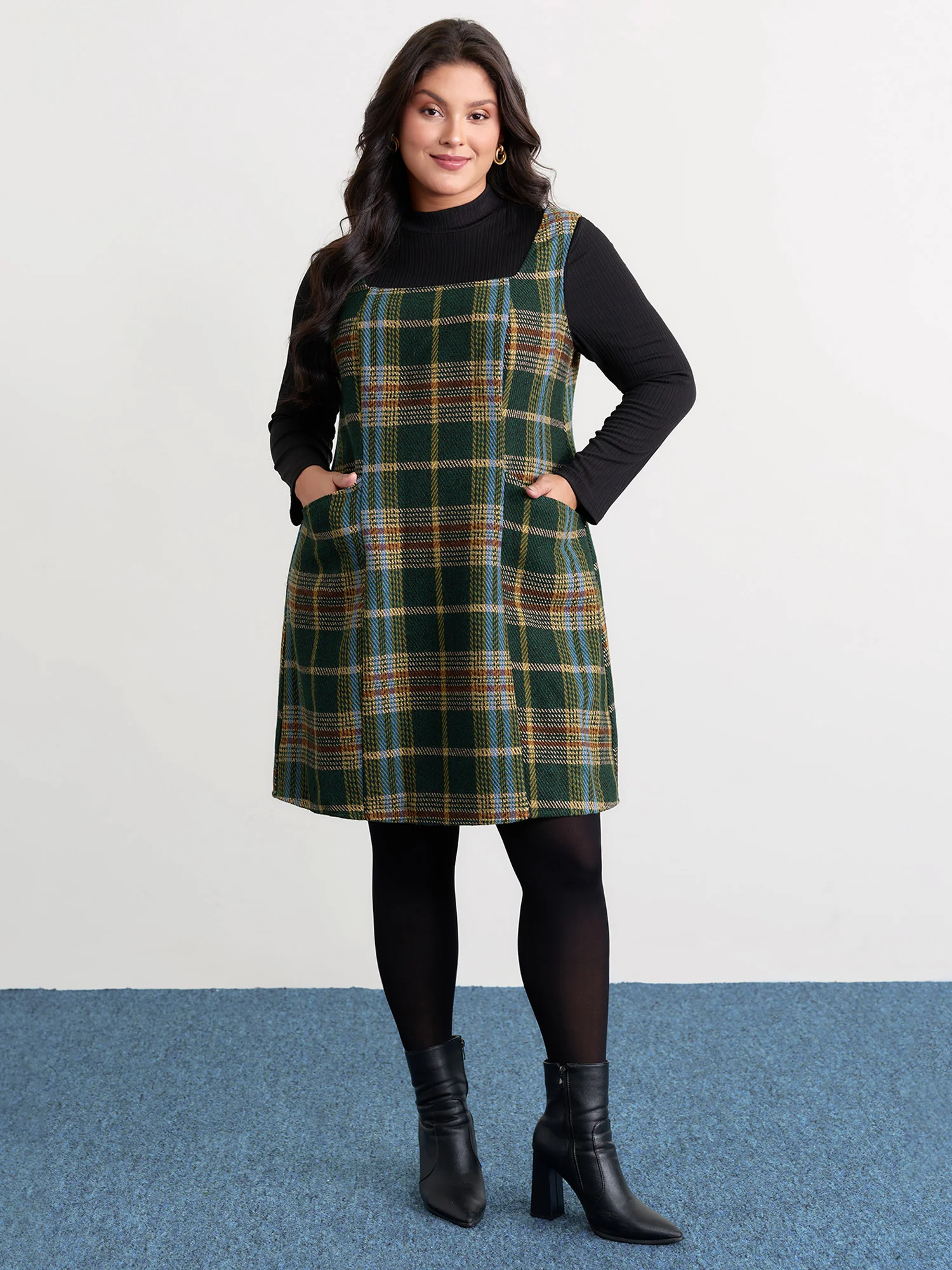 Plaid Pattern Slant Pockets Knee Dress - Image 3