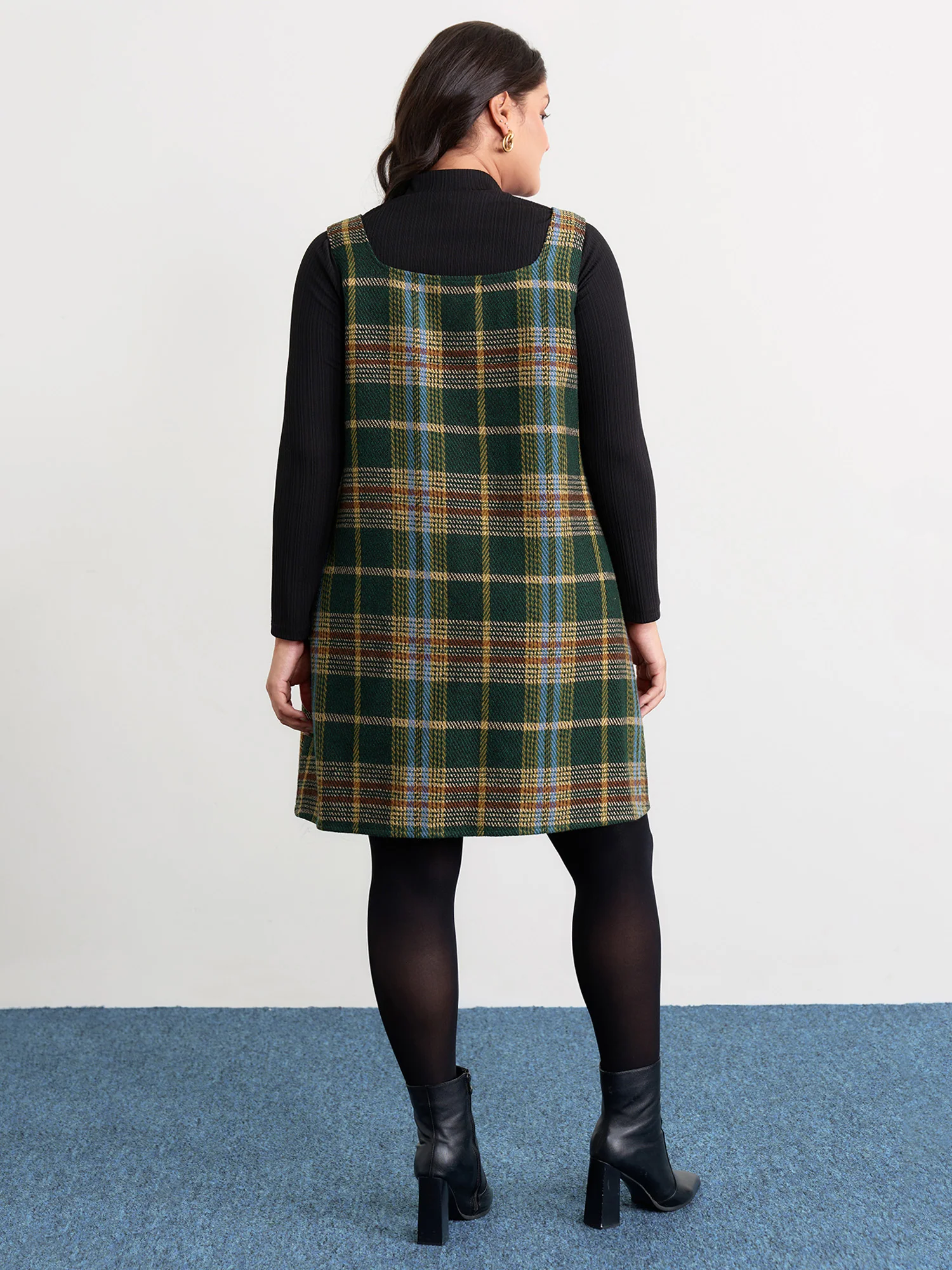 Plaid Pattern Slant Pockets Knee Dress - Image 5