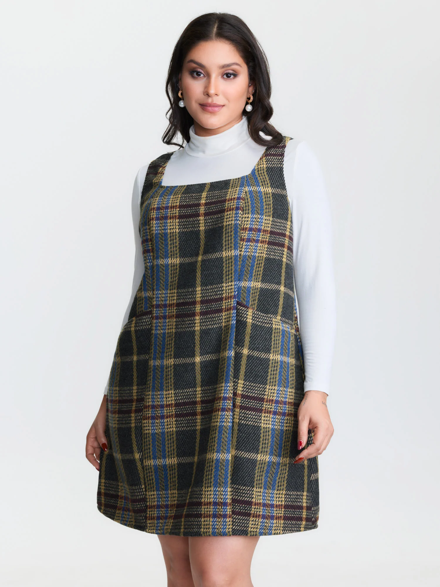 Plaid Pattern Slant Pockets Knee Dress - Image 9