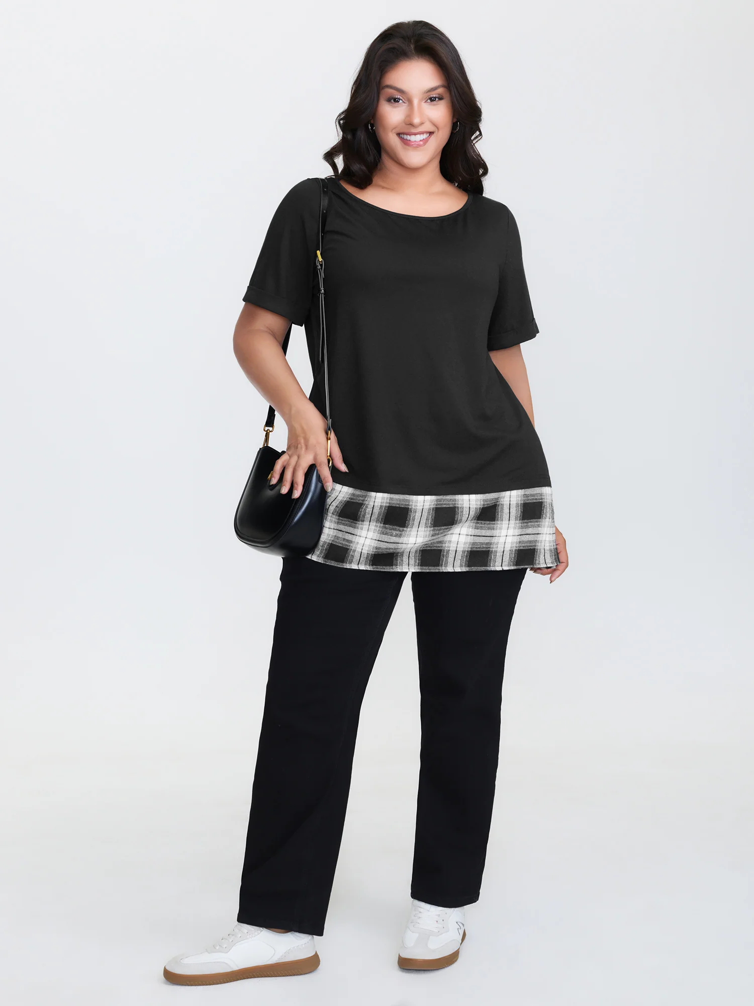 Plaid Pattern Split Back Knit Top - Image 3