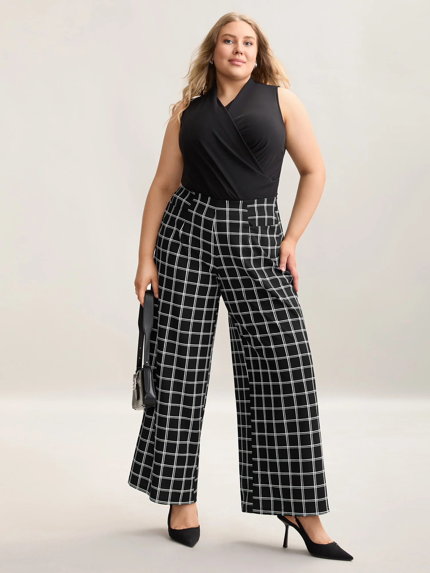 Plaid Pattern Stretchy Waist Wide-Leg Pants - Image 2