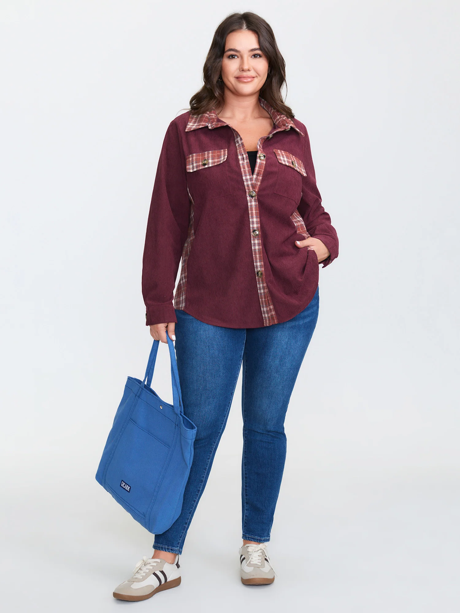 Plaid Pattern Textured Contrast Button-Down Shirt - Image 3