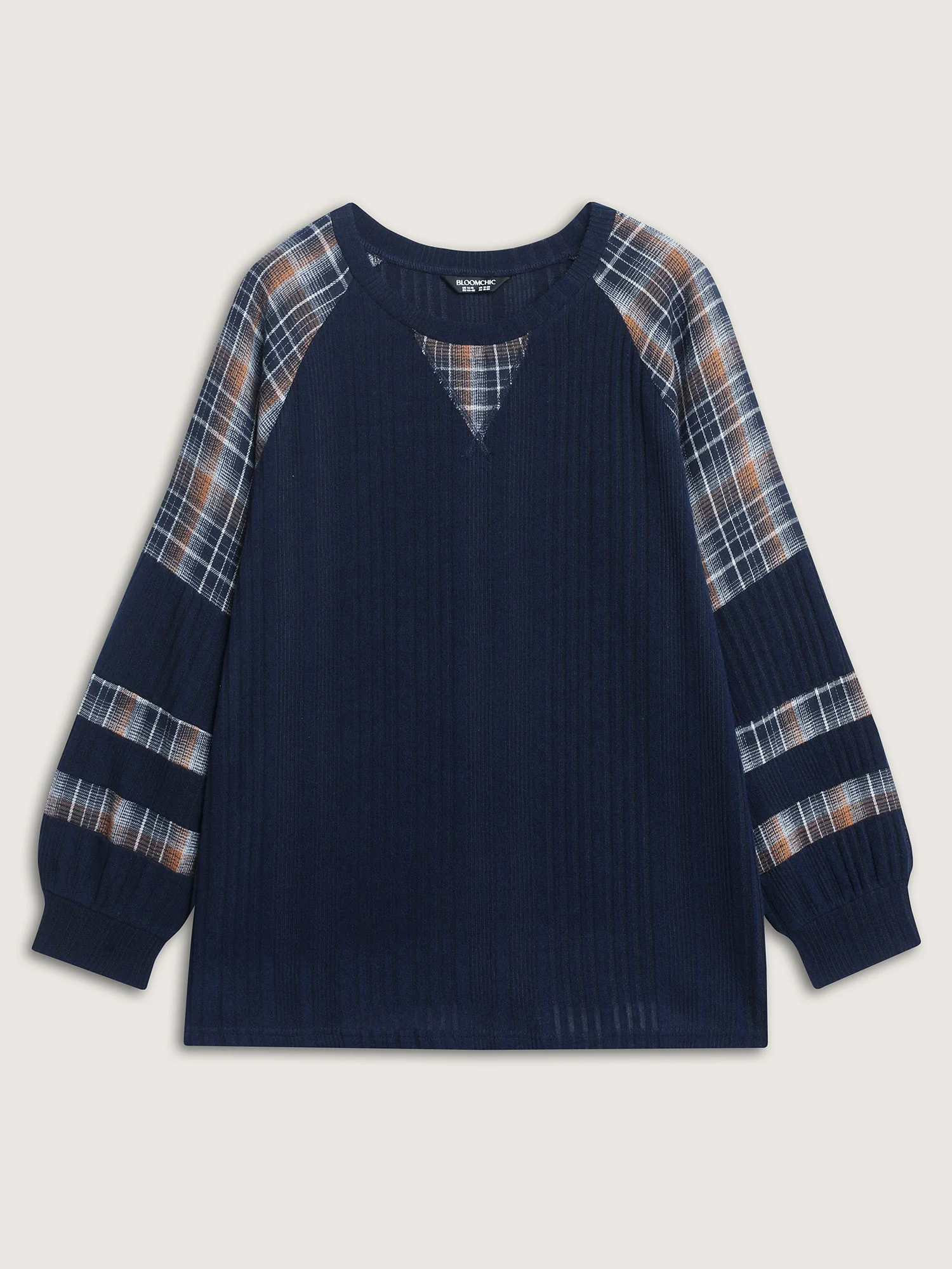 Plaid Pattern Textured Raglan Sleeve Sweatshirt - Image 7