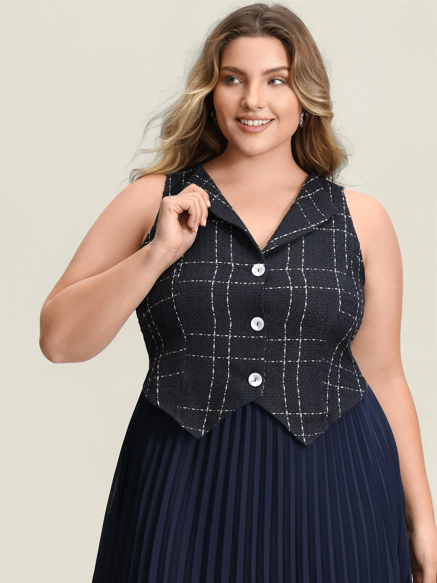 Plaid Pleated Skirt Contrast Vest Midi Dress - Image 2