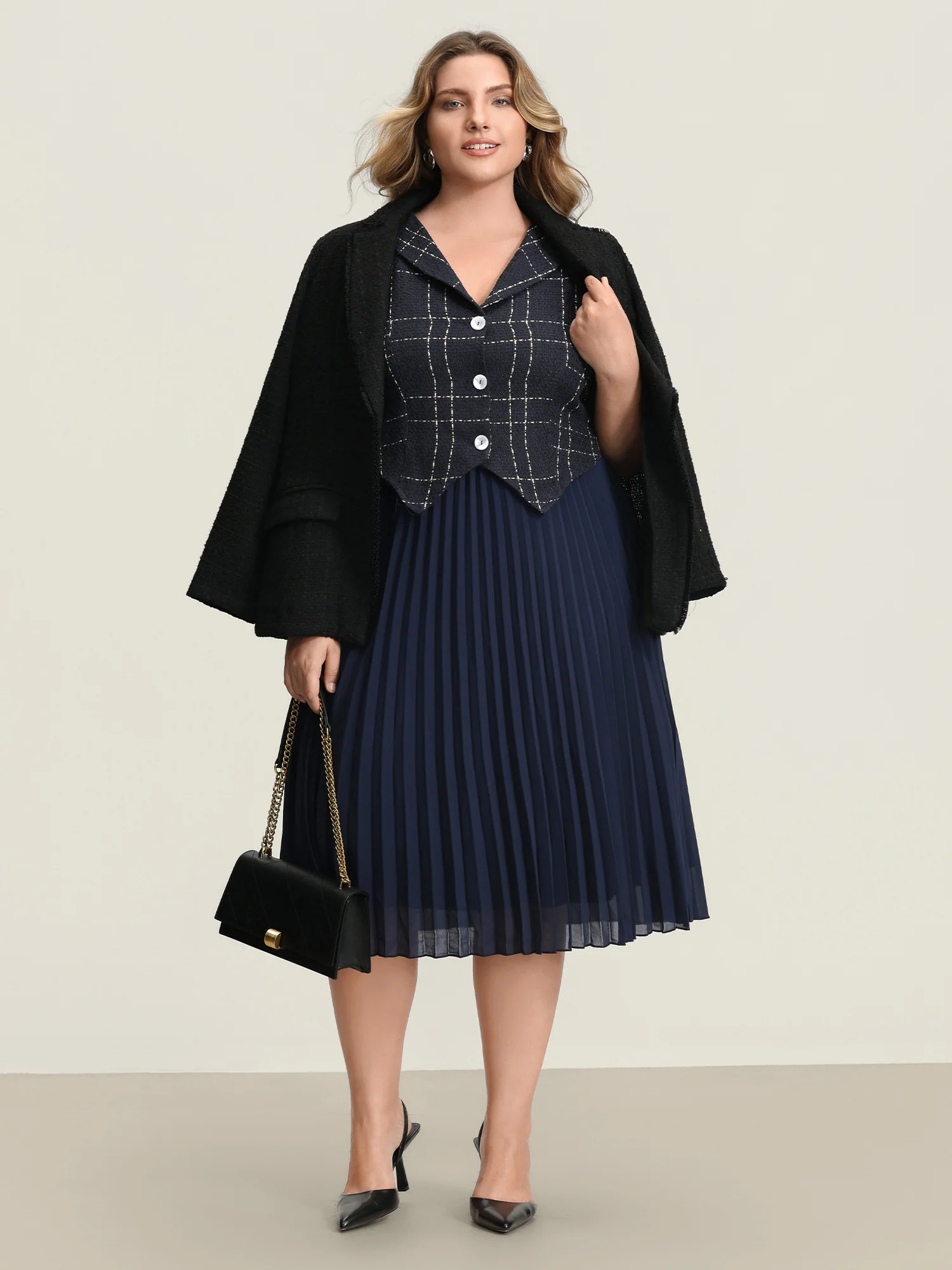 Plaid Pleated Skirt Contrast Vest Midi Dress - Image 3