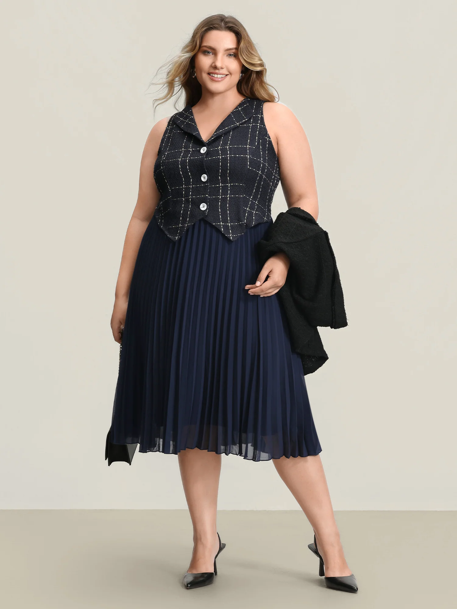 Plaid Pleated Skirt Contrast Vest Midi Dress - Image 4