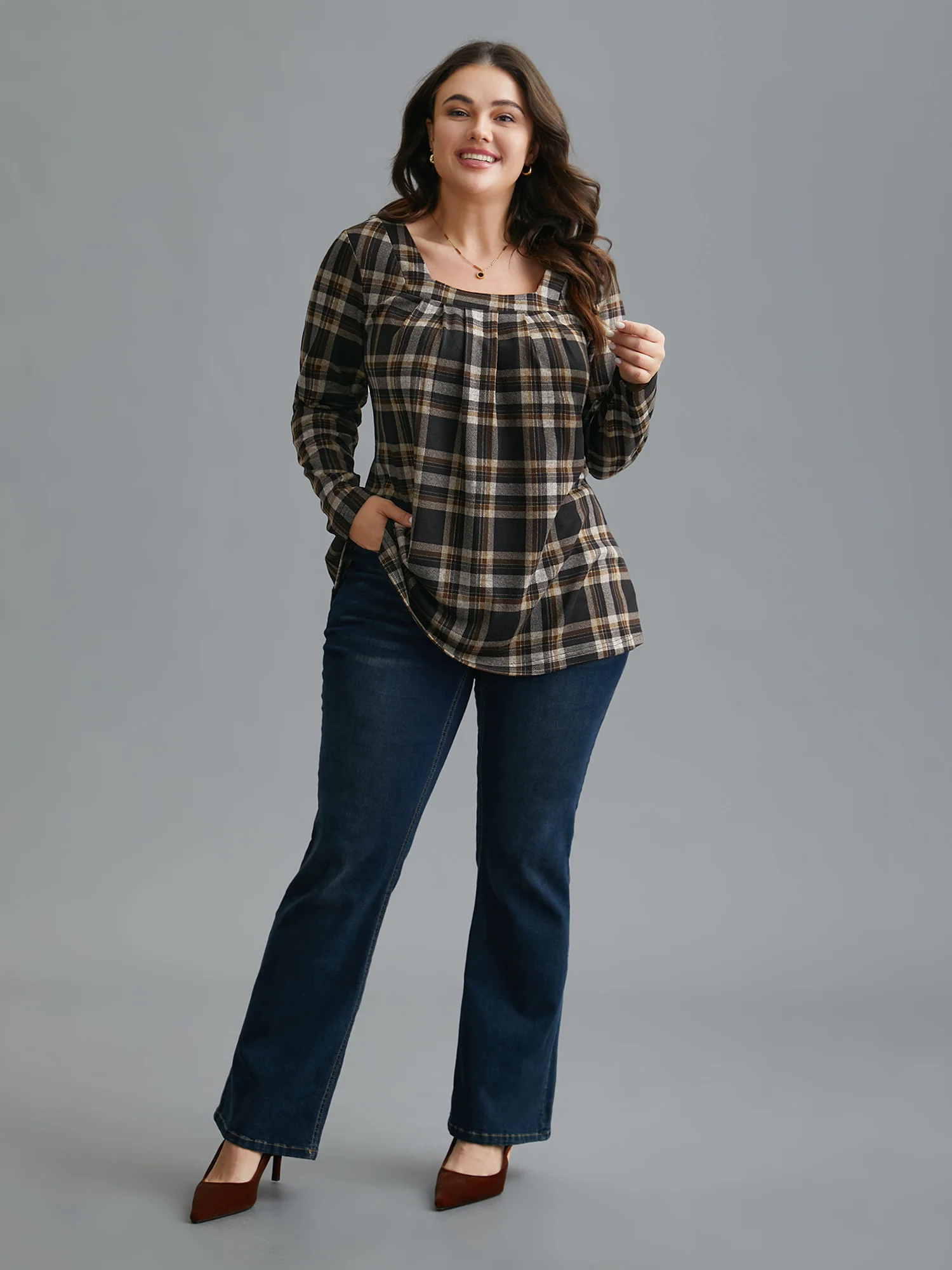 Plaid Pleated Square Neckline Knit Top - Image 2