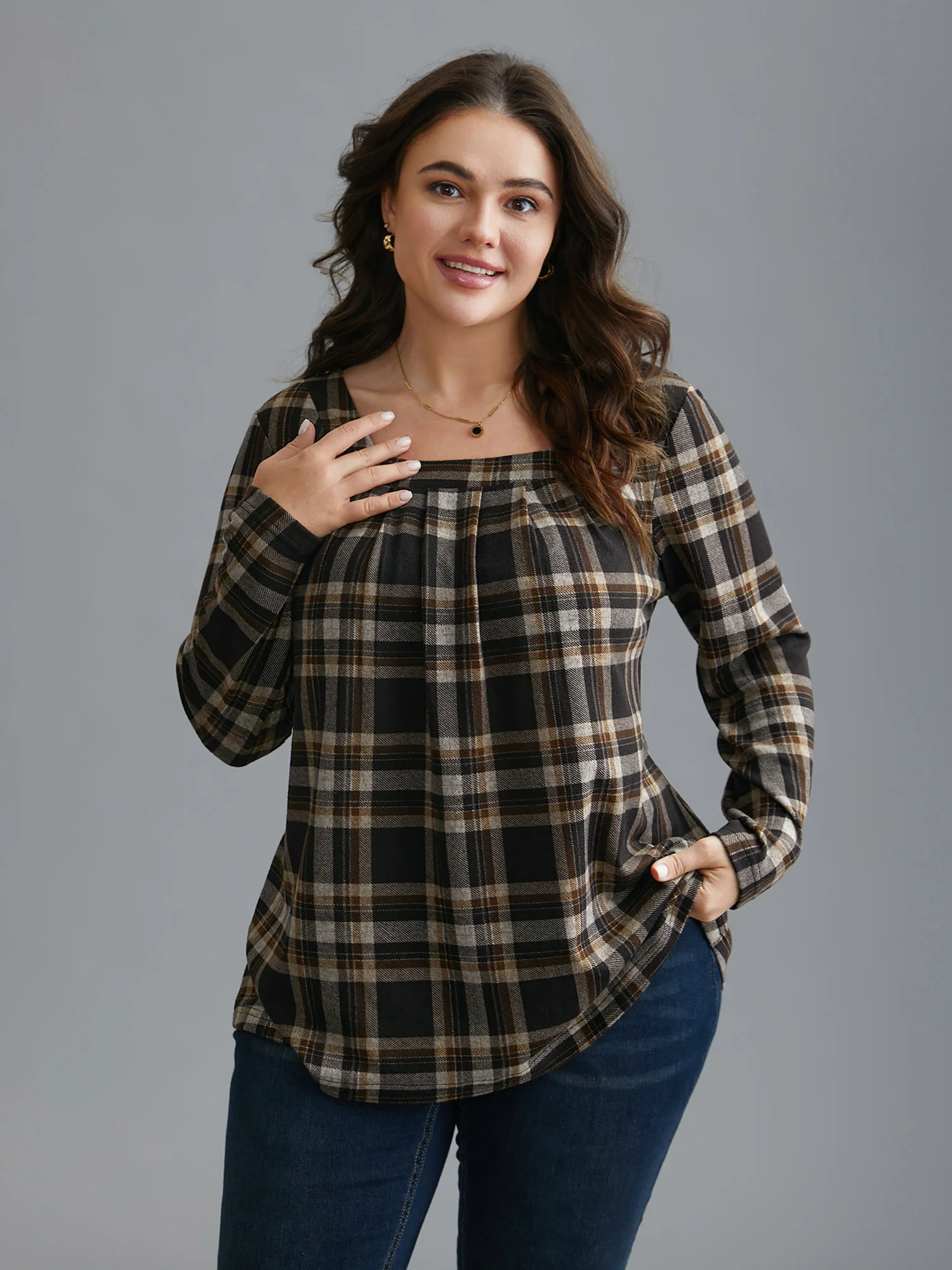 Plaid Pleated Square Neckline Knit Top - Image 4