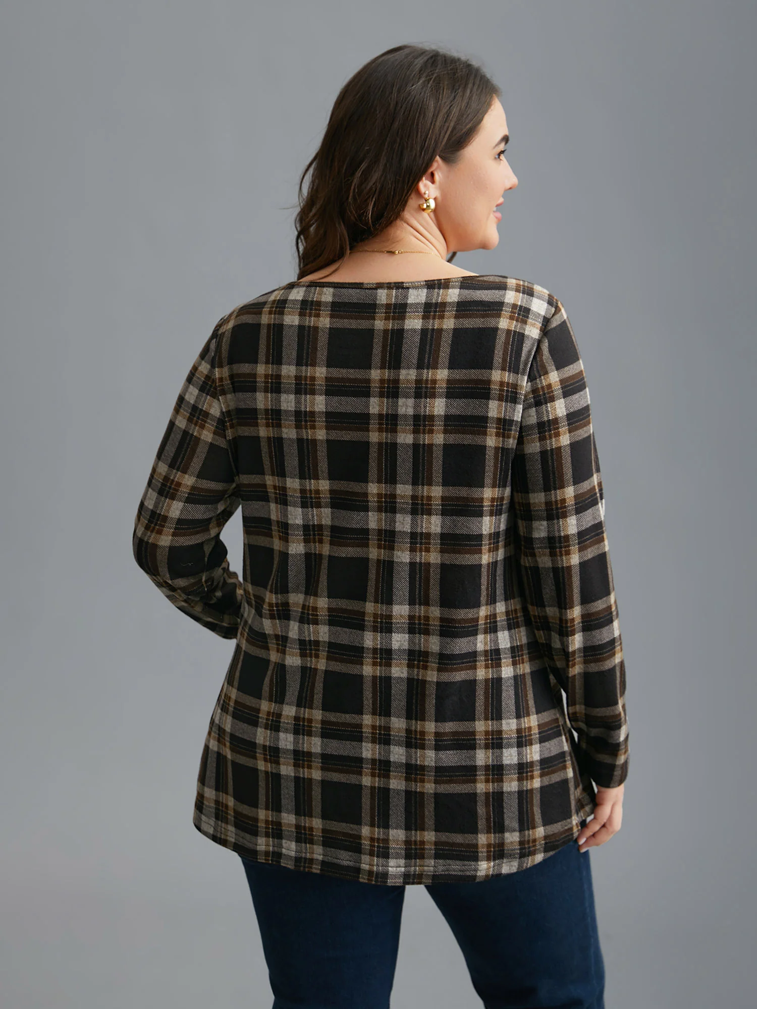 Plaid Pleated Square Neckline Knit Top - Image 5