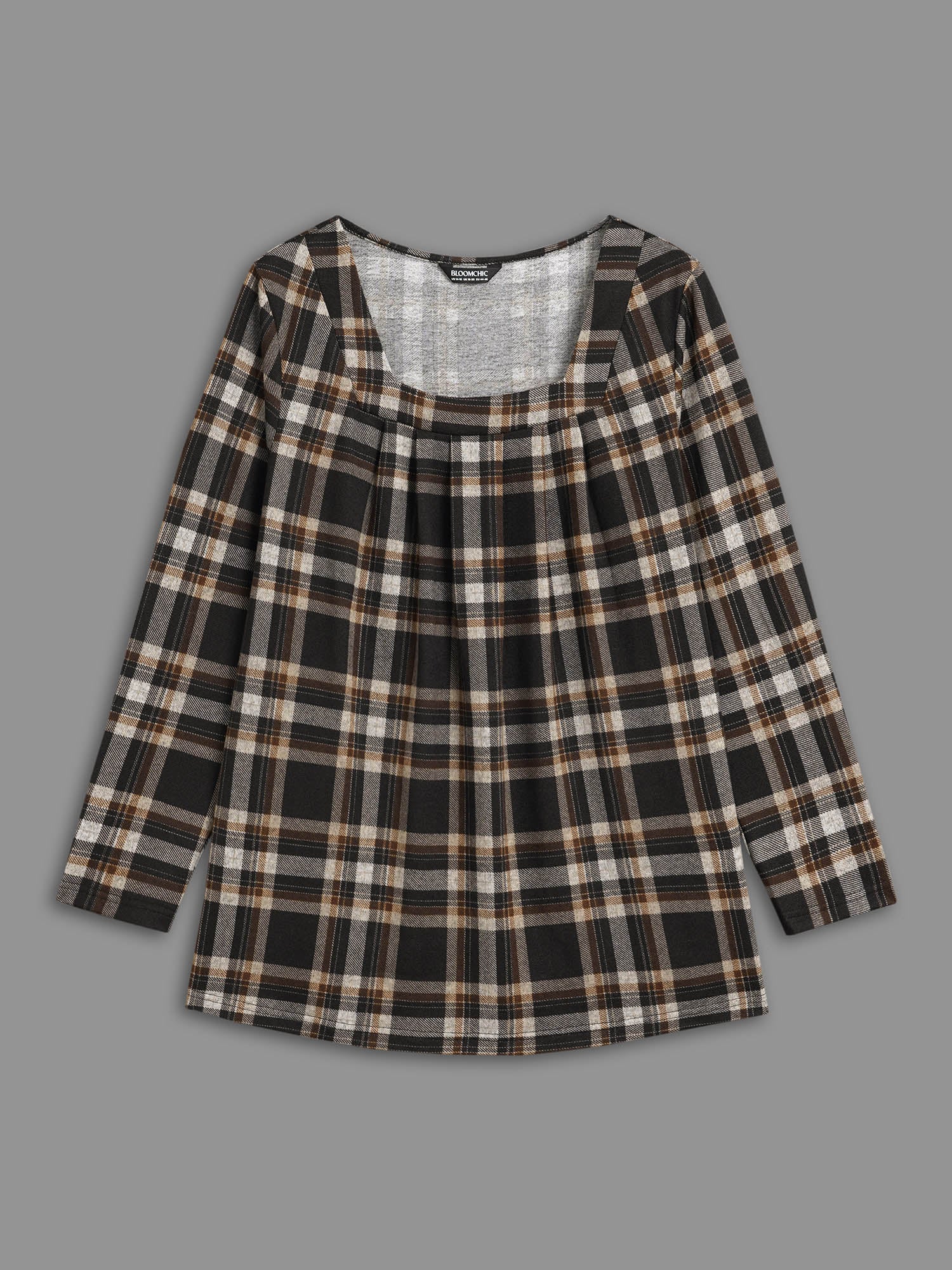 Plaid Pleated Square Neckline Knit Top - Image 6