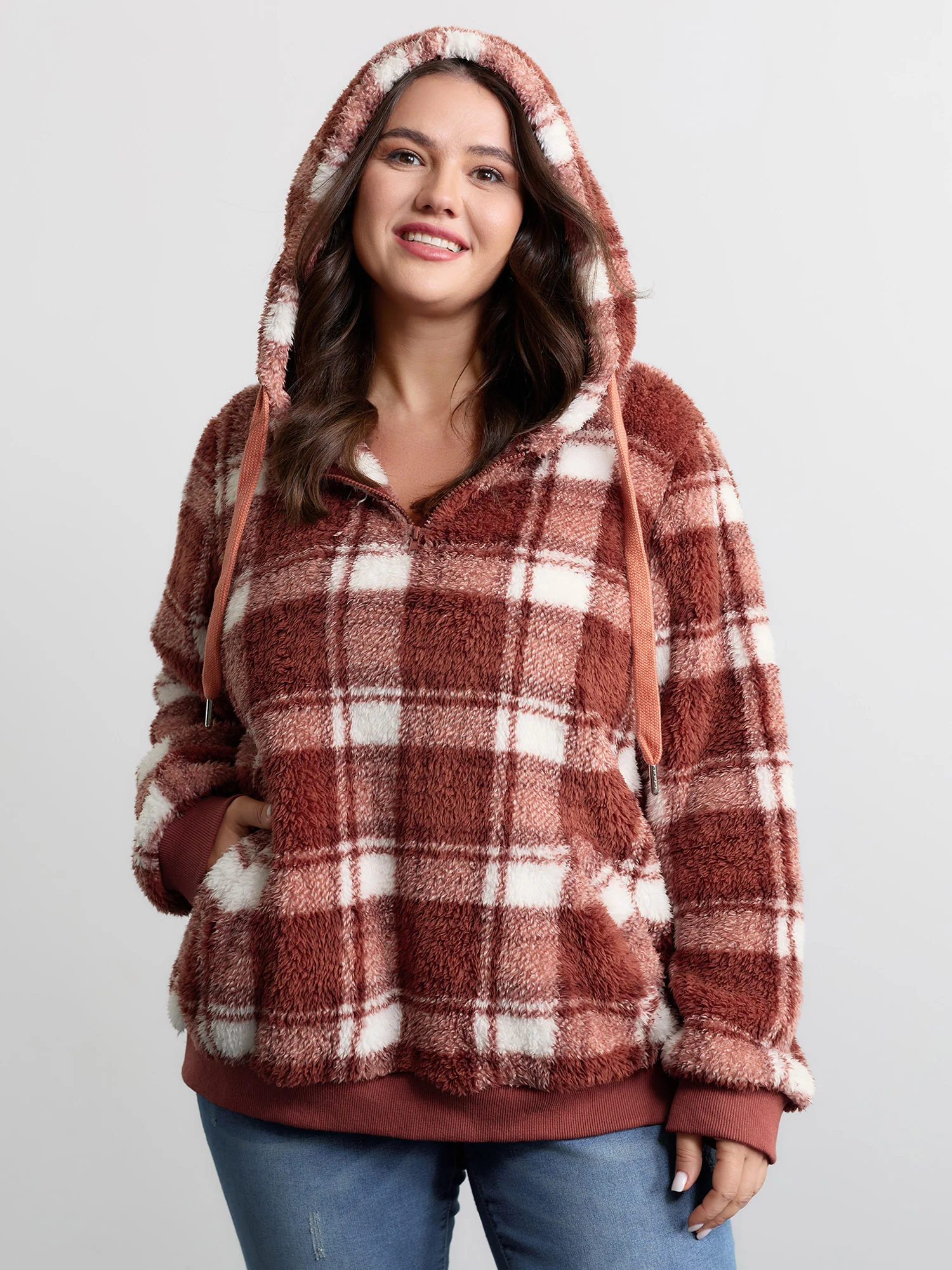 Plaid Plush Slant Pockets Hoodie - Image 4