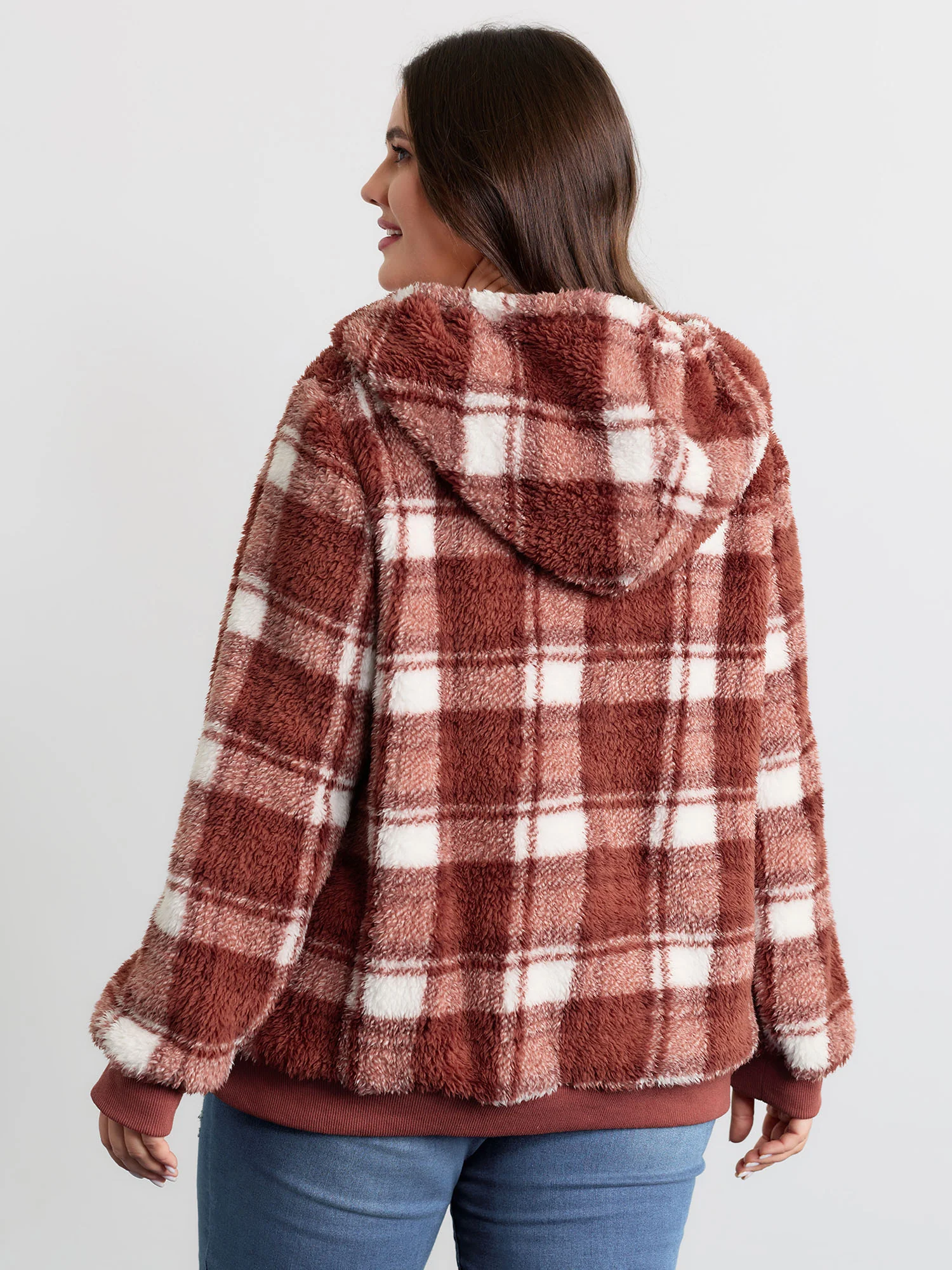 Plaid Plush Slant Pockets Hoodie - Image 5