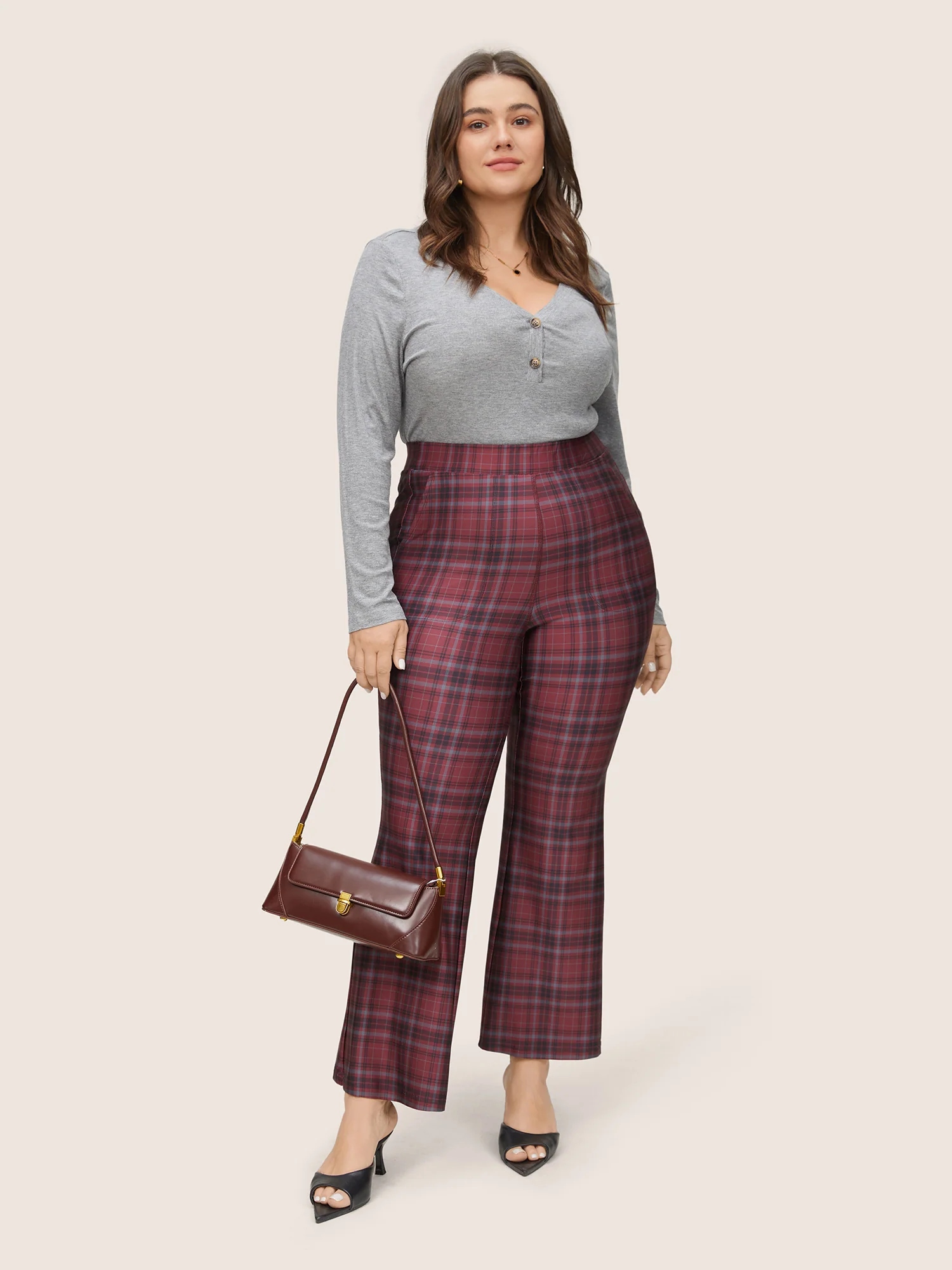 Plaid Pocket Elastic Waist Bootcut Leggings - Image 3