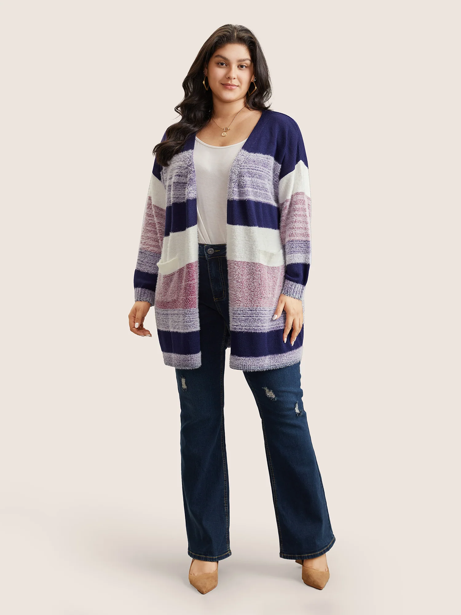 Plaid Pocket Open Front Loose Cardigan - Image 2
