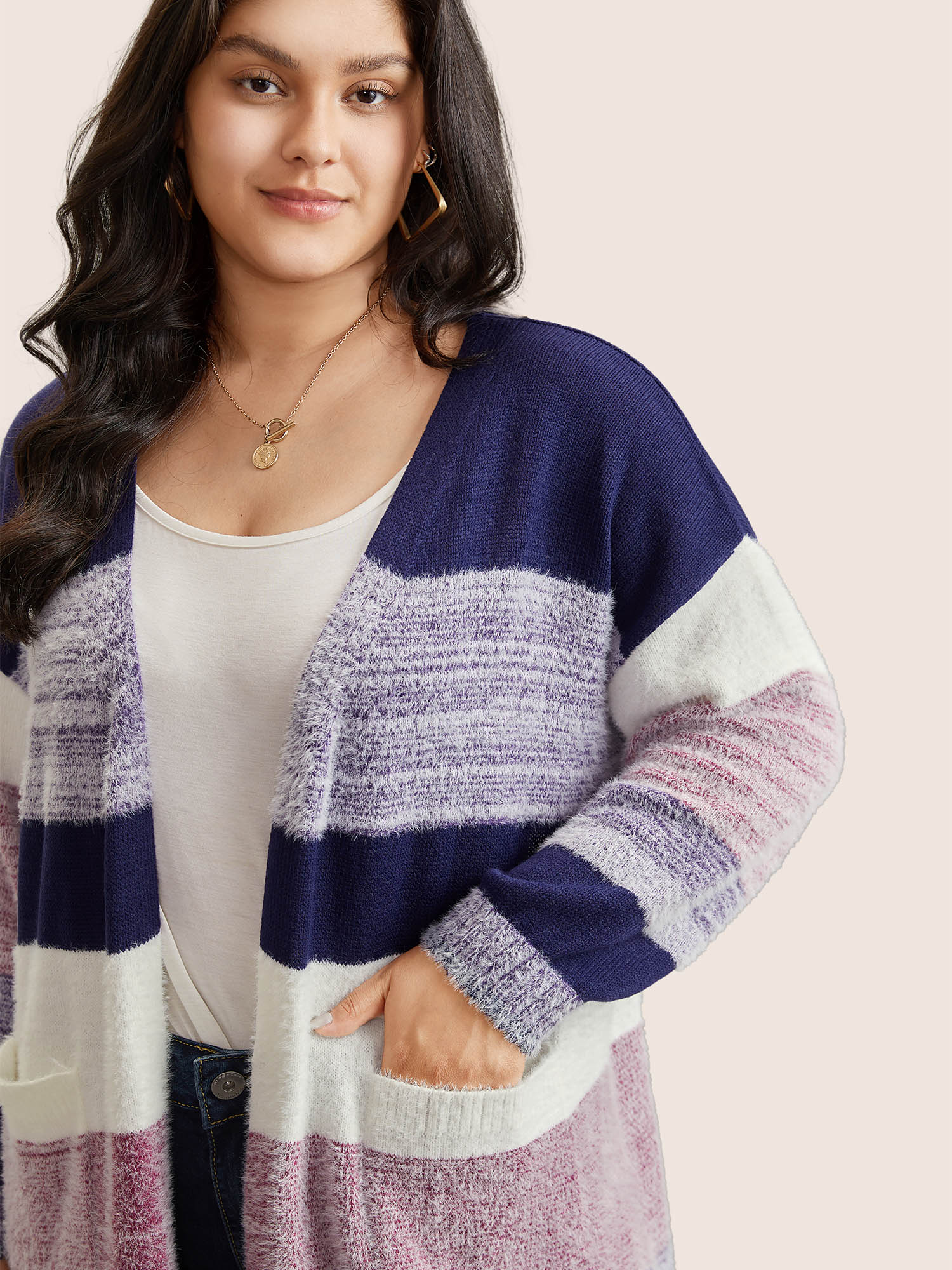 Plaid Pocket Open Front Loose Cardigan - Image 4