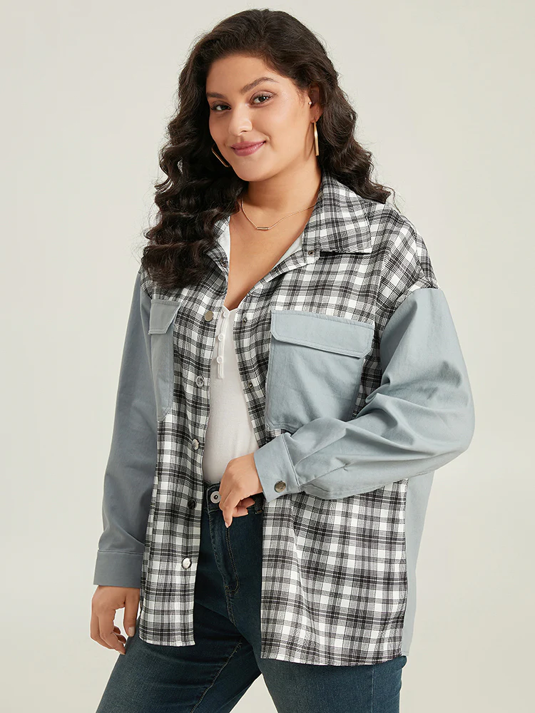 Plaid Pocket Patchwork Contrast Coat - Image 3