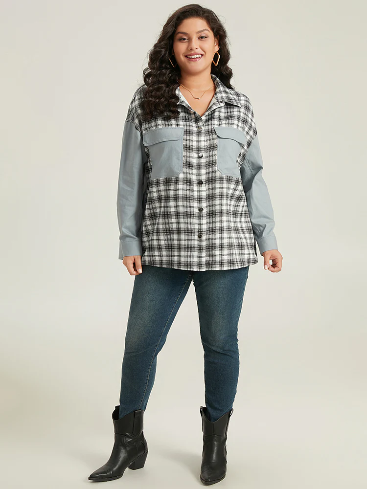 Plaid Pocket Patchwork Contrast Coat - Image 4
