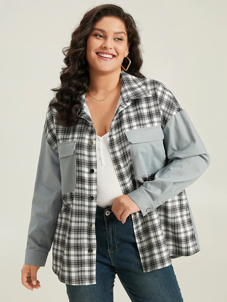 Plaid Pocket Patchwork Contrast Coat - Image 5