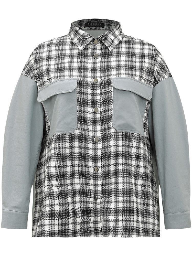 Plaid Pocket Patchwork Contrast Coat - Image 8