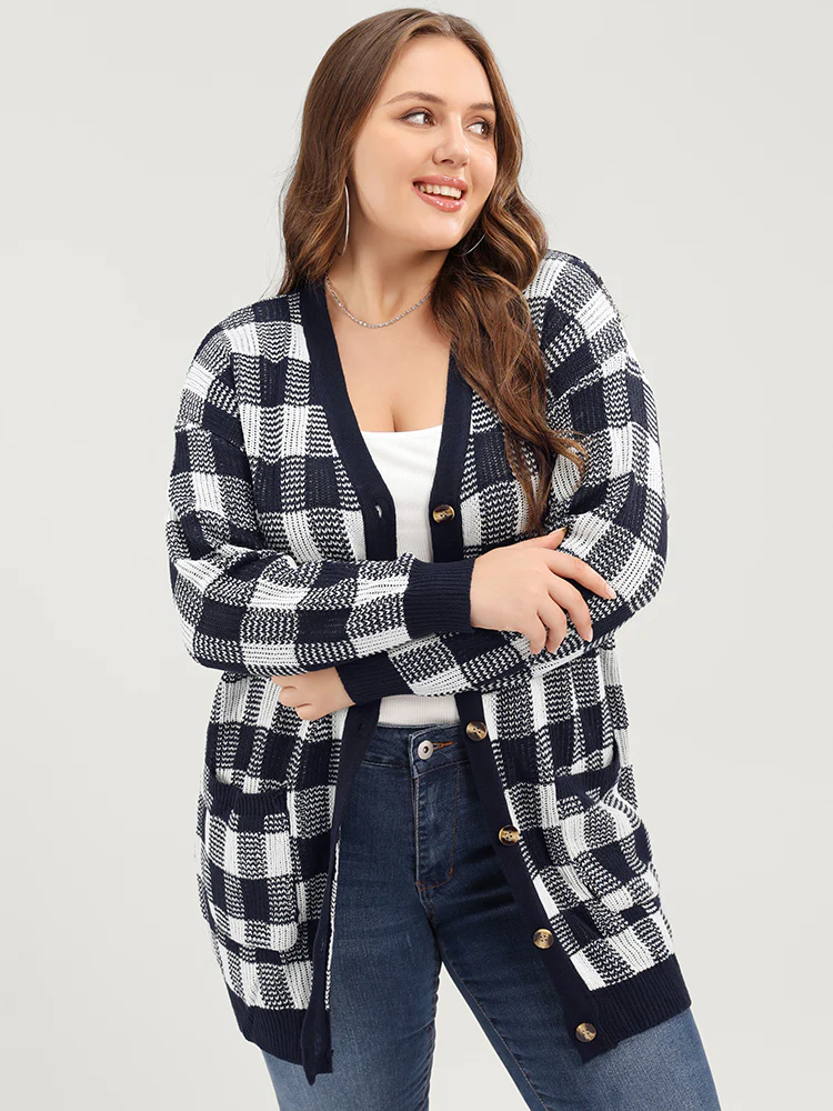 Plaid Pointelle Knit Pocket Button Front Cardigan - Image 2