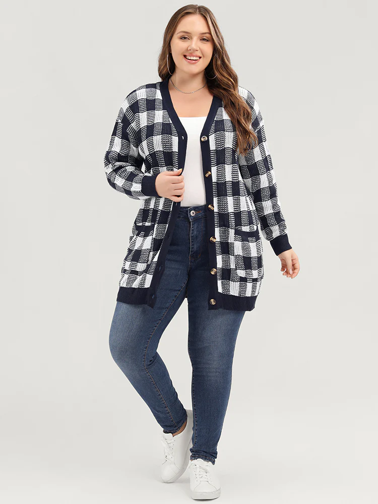 Plaid Pointelle Knit Pocket Button Front Cardigan - Image 3