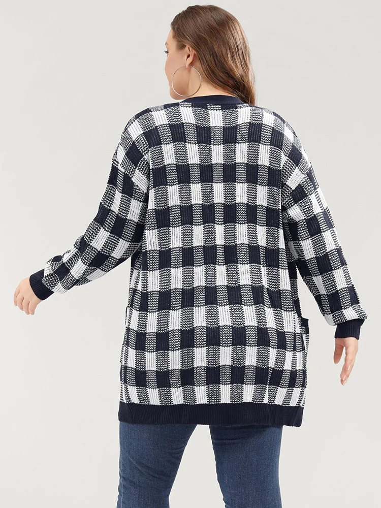 Plaid Pointelle Knit Pocket Button Front Cardigan - Image 4