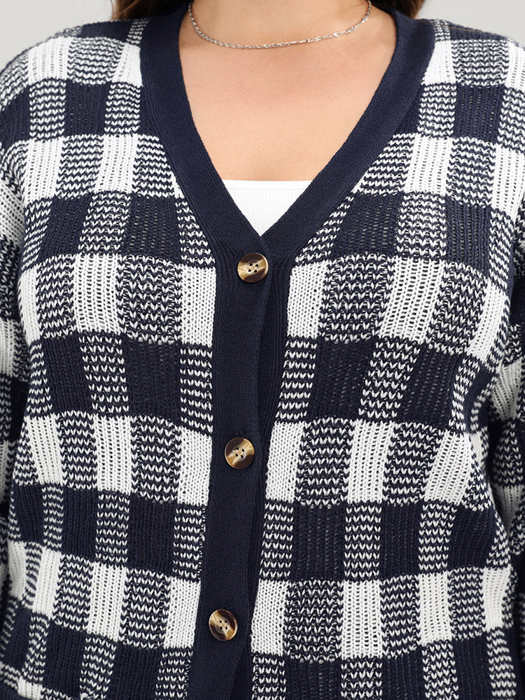 Plaid Pointelle Knit Pocket Button Front Cardigan - Image 5