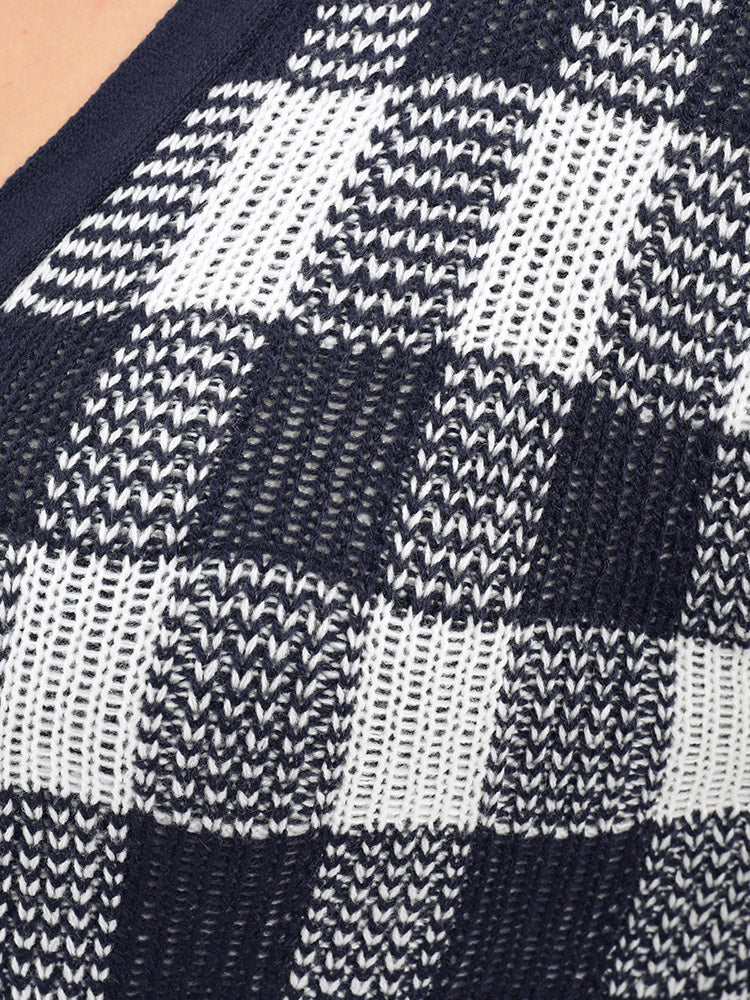 Plaid Pointelle Knit Pocket Button Front Cardigan - Image 7