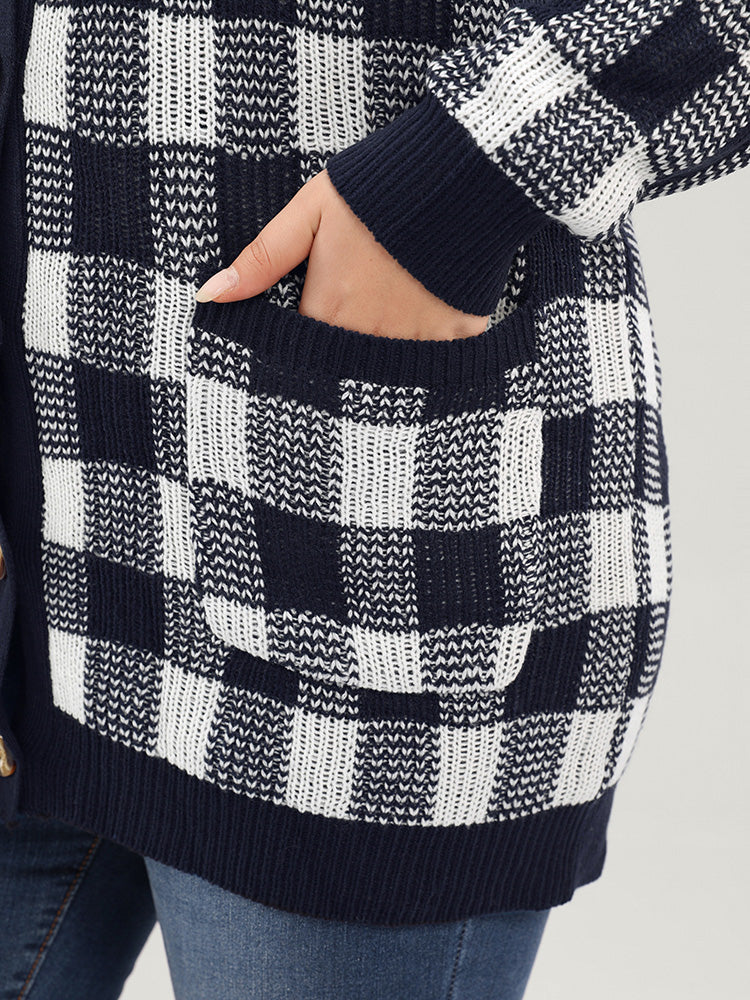 Plaid Pointelle Knit Pocket Button Front Cardigan - Image 8