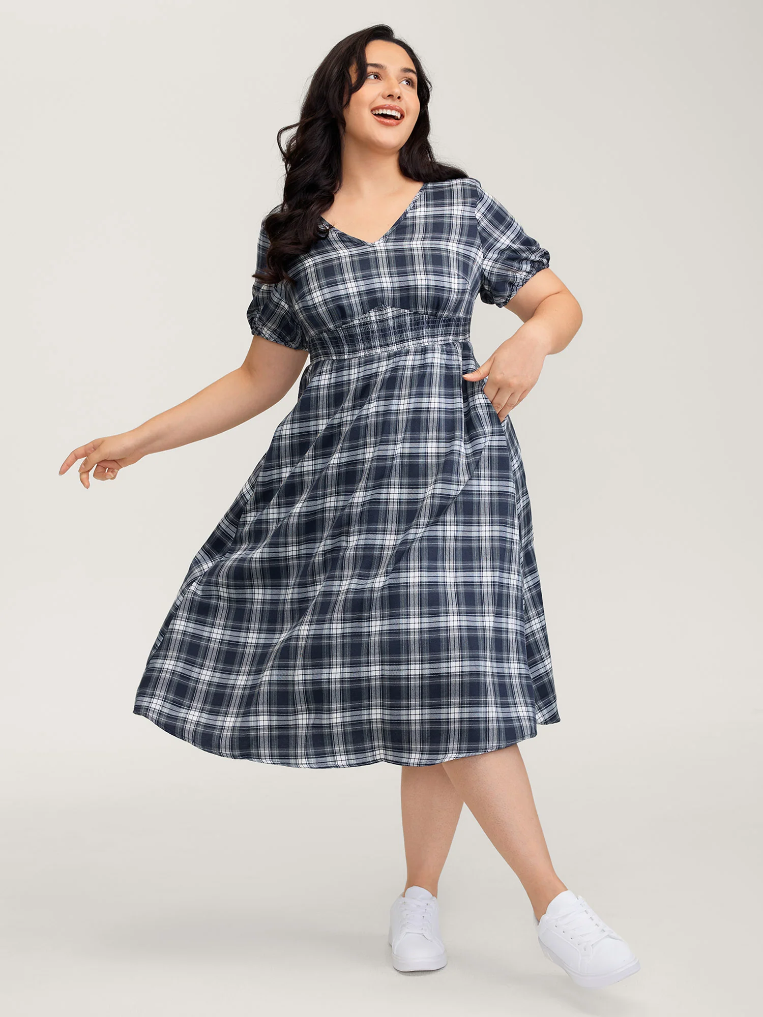 Plaid Print Back Bowknots Contrast Midi Dress - Image 2