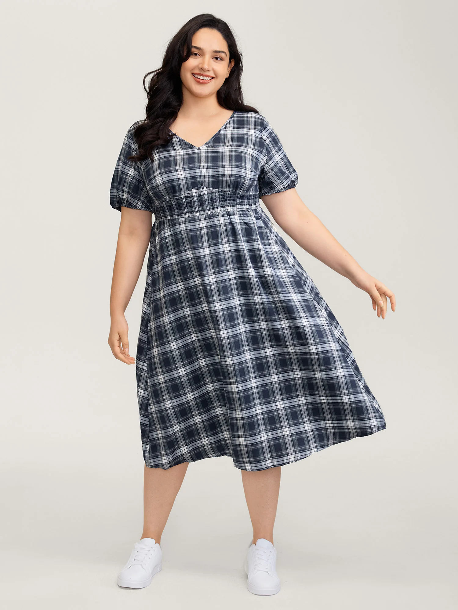 Plaid Print Back Bowknots Contrast Midi Dress - Image 3