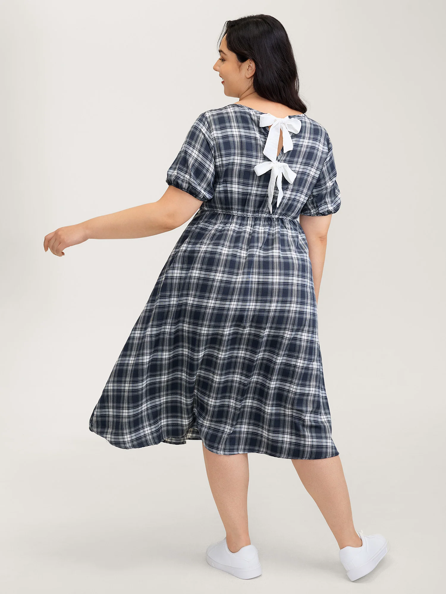 Plaid Print Back Bowknots Contrast Midi Dress - Image 4