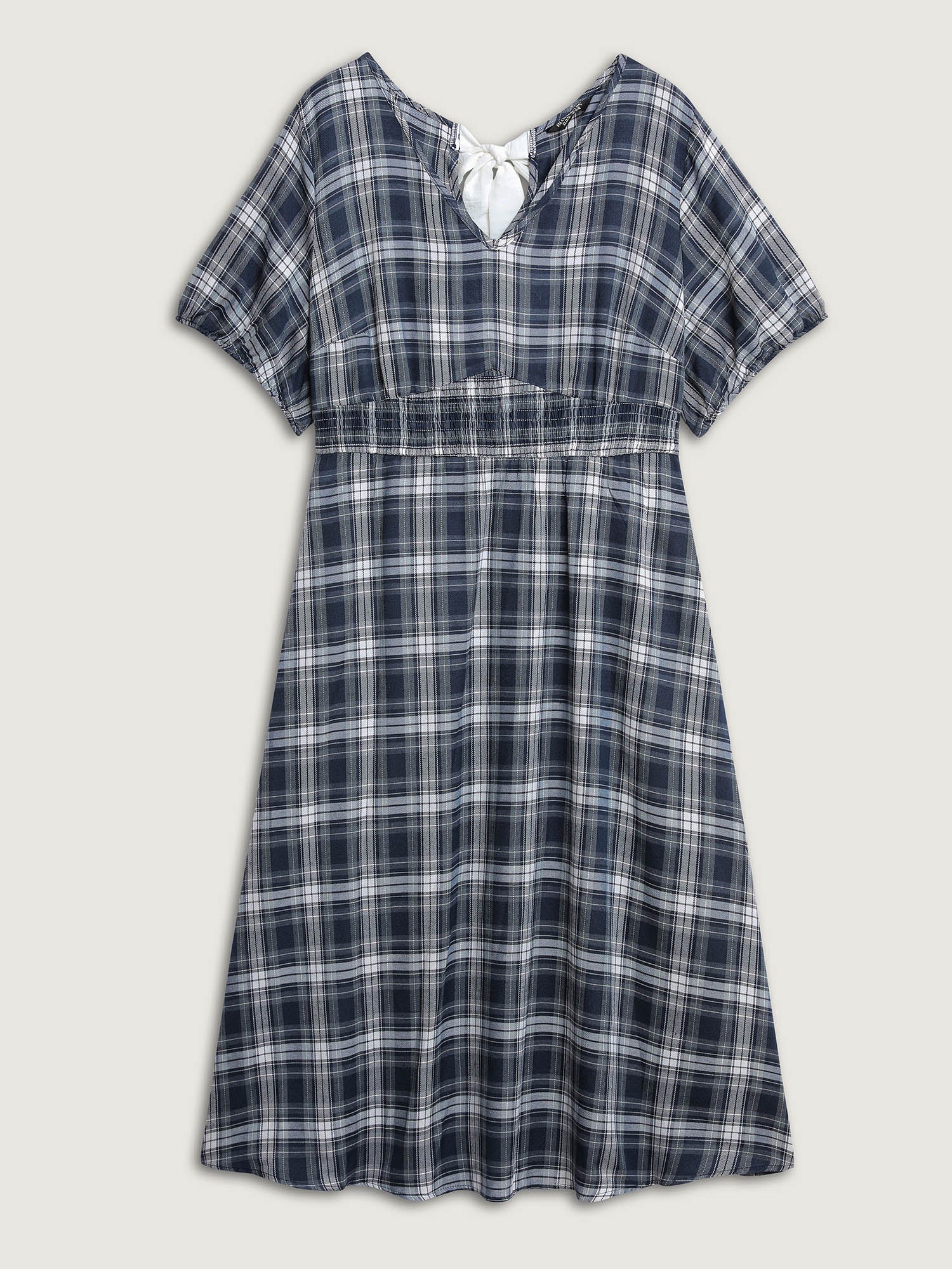 Plaid Print Back Bowknots Contrast Midi Dress - Image 7