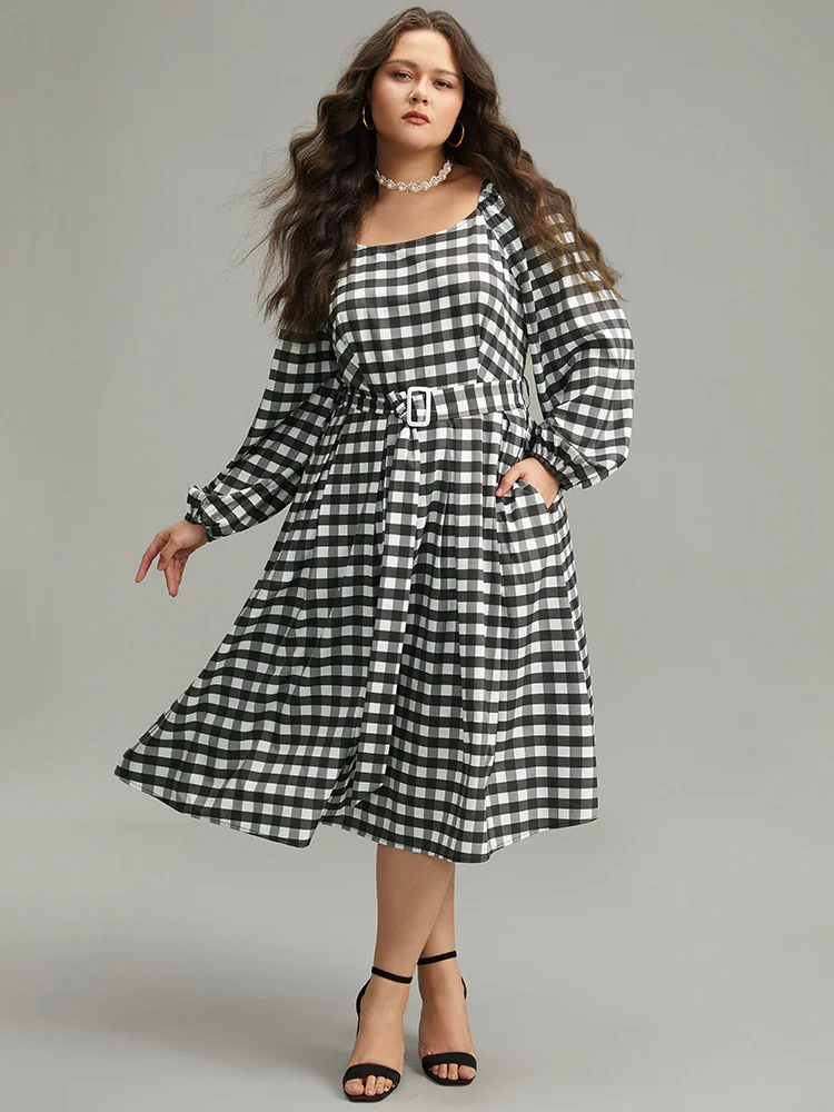 Halloween Plaid Print Belted Square Neck Lantern Sleeve Dress - Image 2