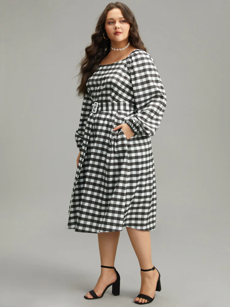 Halloween Plaid Print Belted Square Neck Lantern Sleeve Dress - Image 3