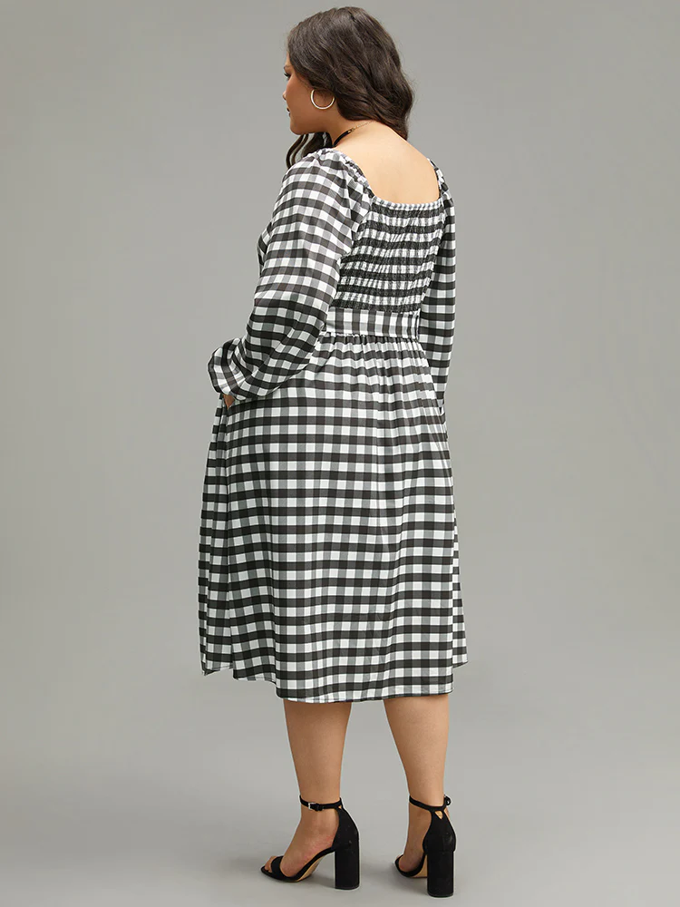 Halloween Plaid Print Belted Square Neck Lantern Sleeve Dress - Image 4