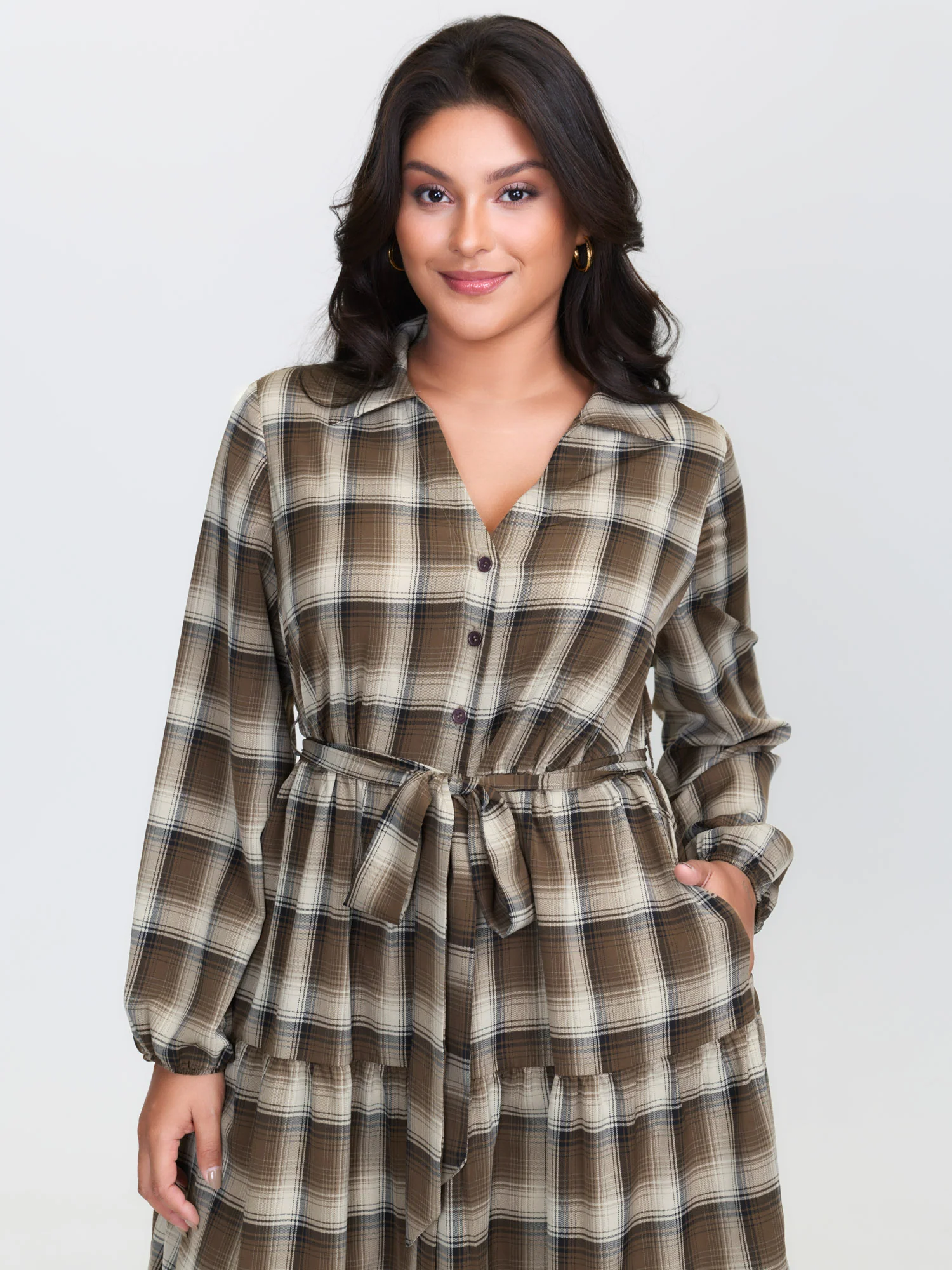 Plaid Print Belted Maxi Shirt Dress - Image 2
